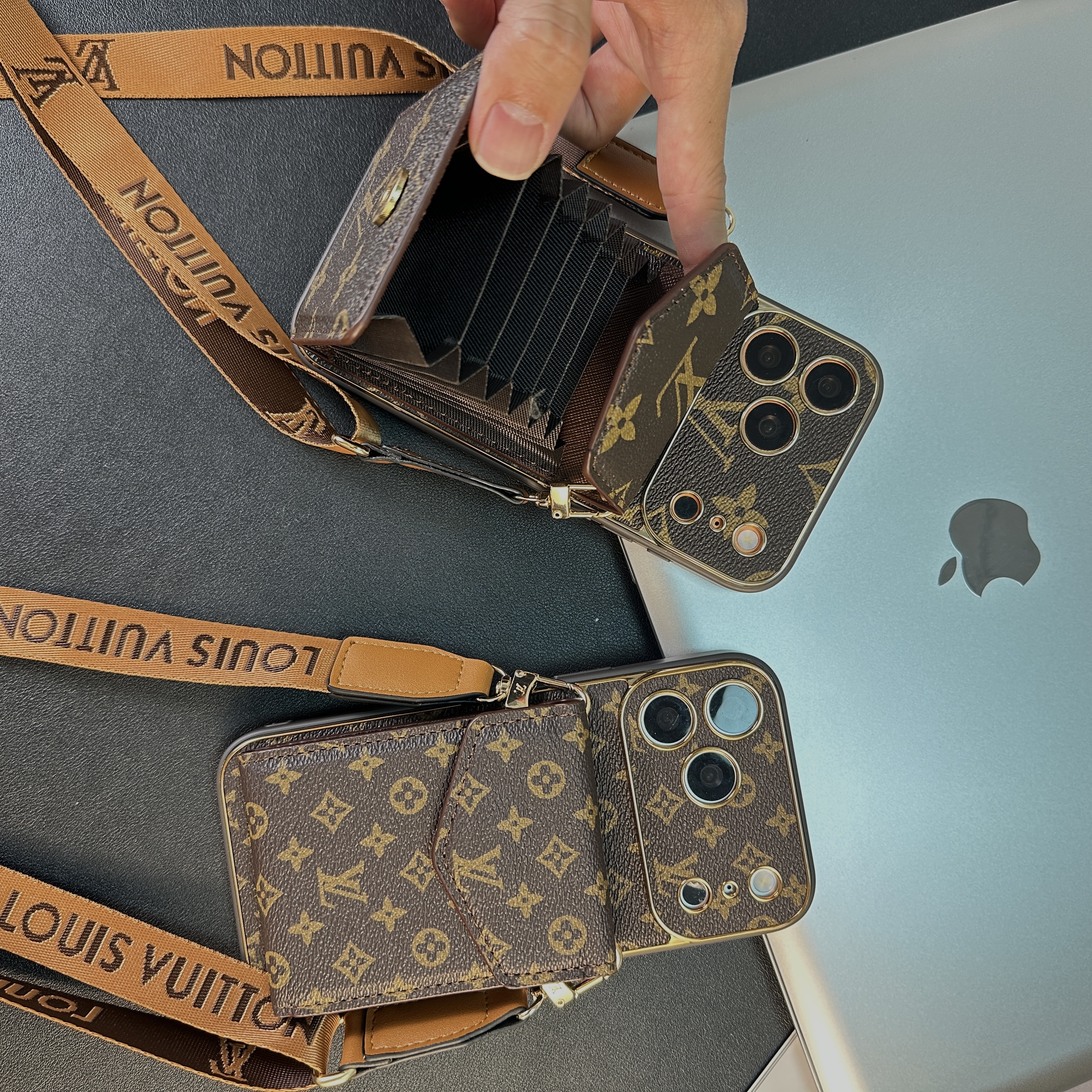 Premium Leather Monogram iPhone Case With Wallet And Crossbody Strap For iPhone 17 Series-GELV145