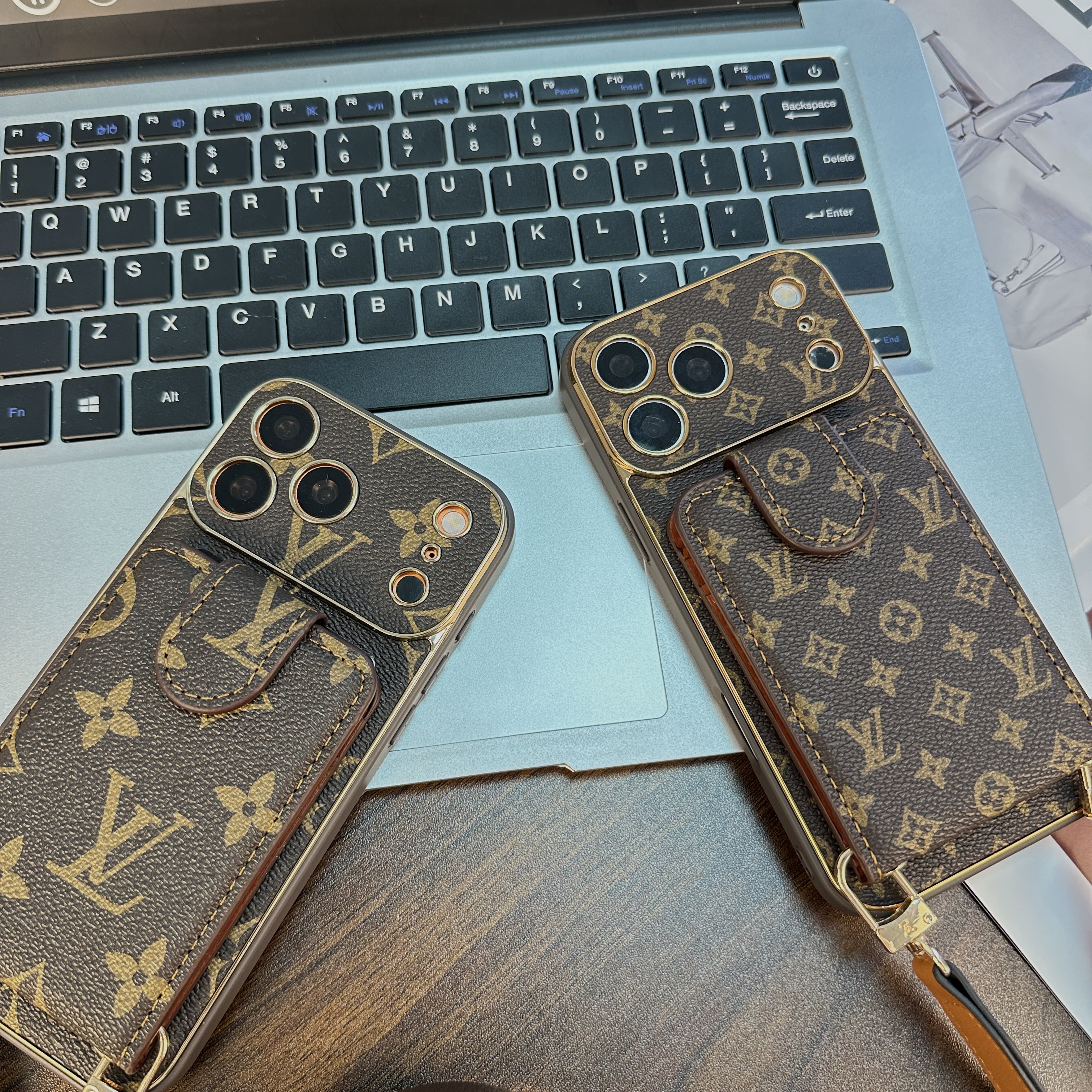 Refined Leather Monogram iPhone Case With Wallet And Crossbody Strap For iPhone 17 Series-GELV143