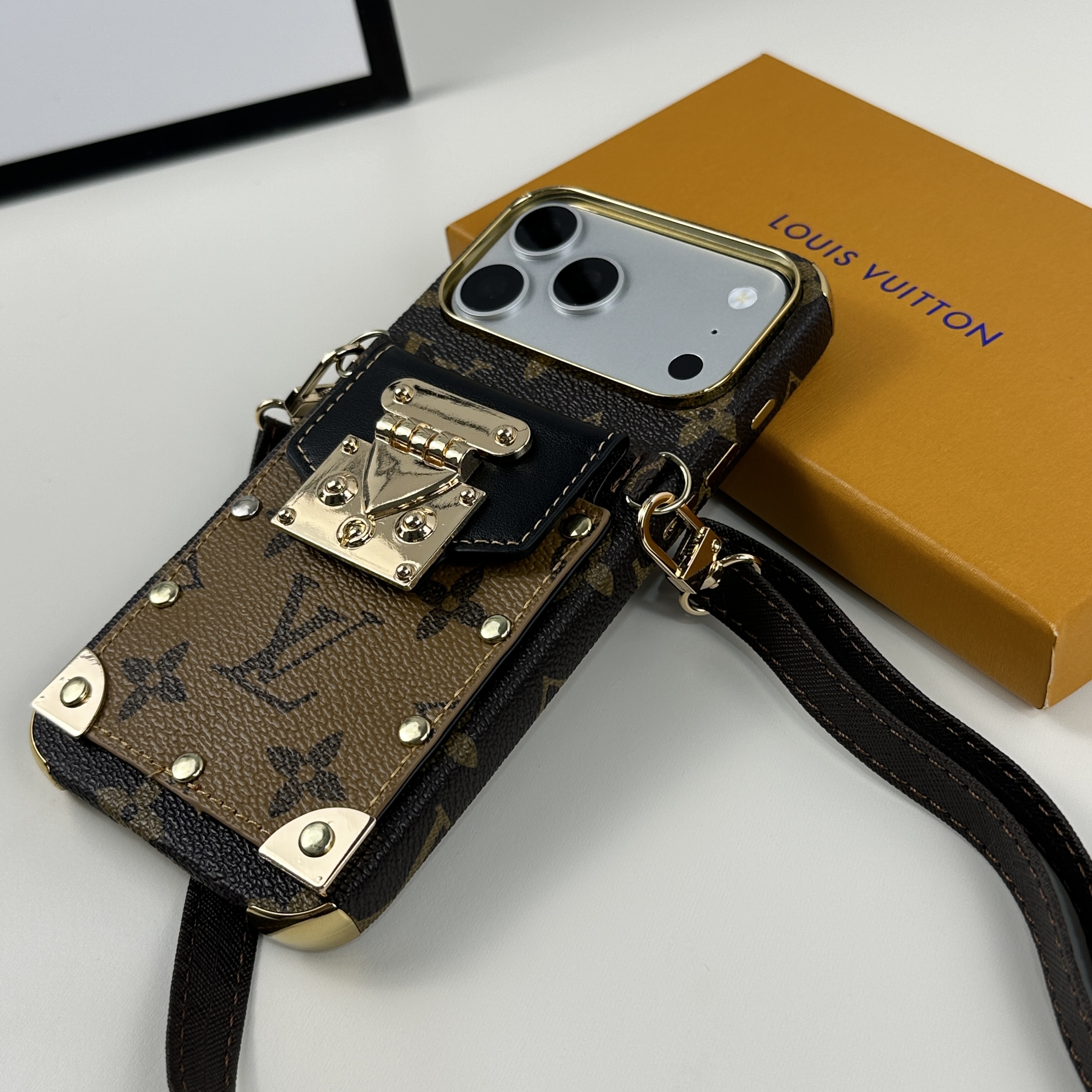 Refined Leather Monogram iPhone Case With Wallet And Crossbody Strap For iPhone 17 Series Black -GELV147