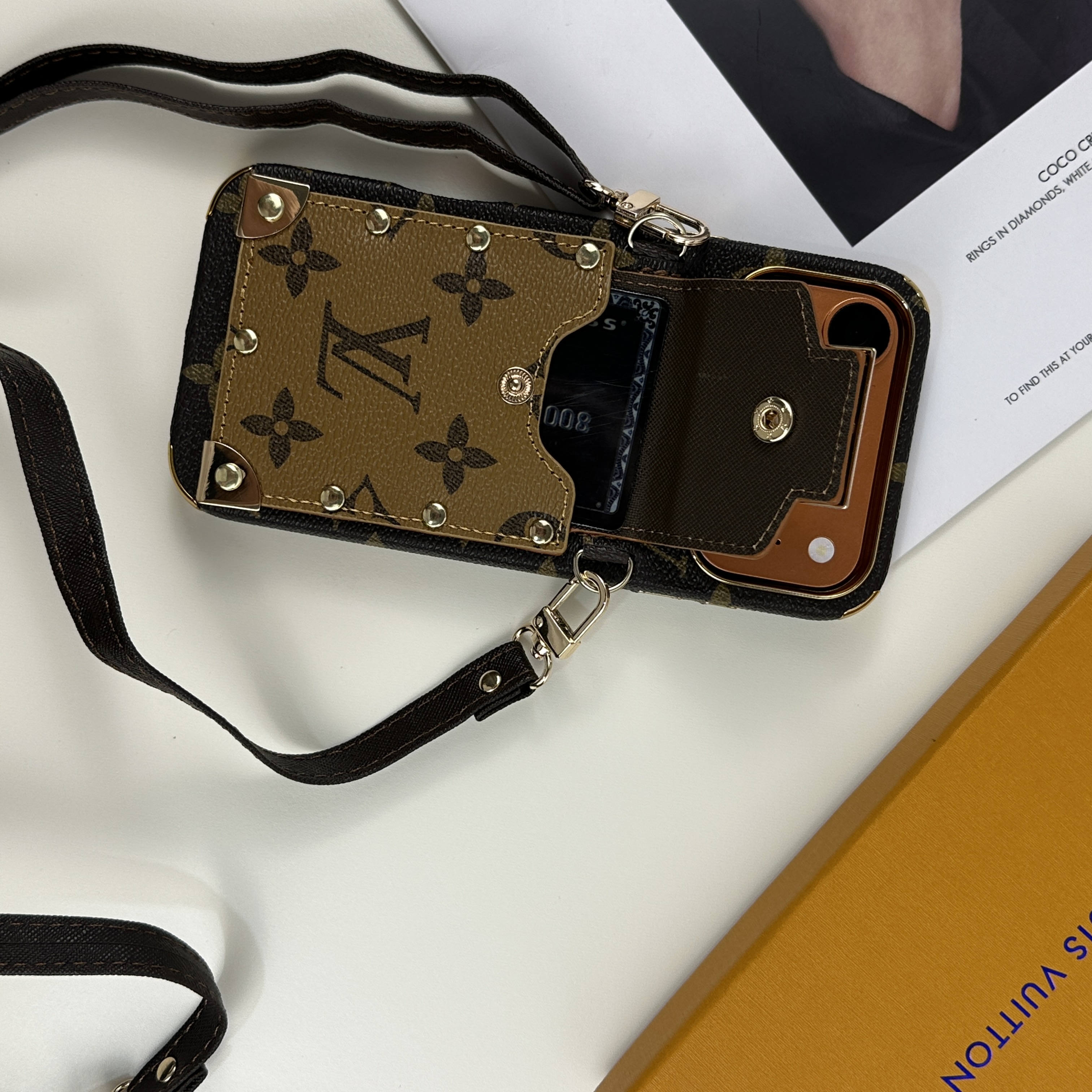 Luxury leather  Monogram iPhone Case With Wallet And Crossbody Strap For iPhone 17 Series Brown-GELV148