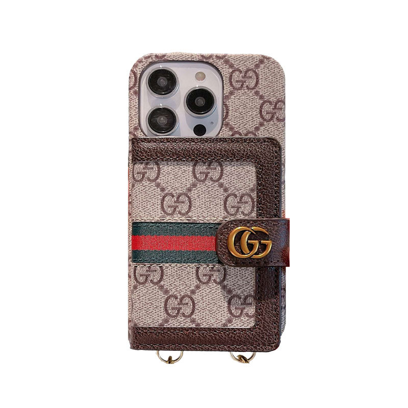 GG iPhone Case With Card Holder And Strap Brown -SZK240401-GTOCASE