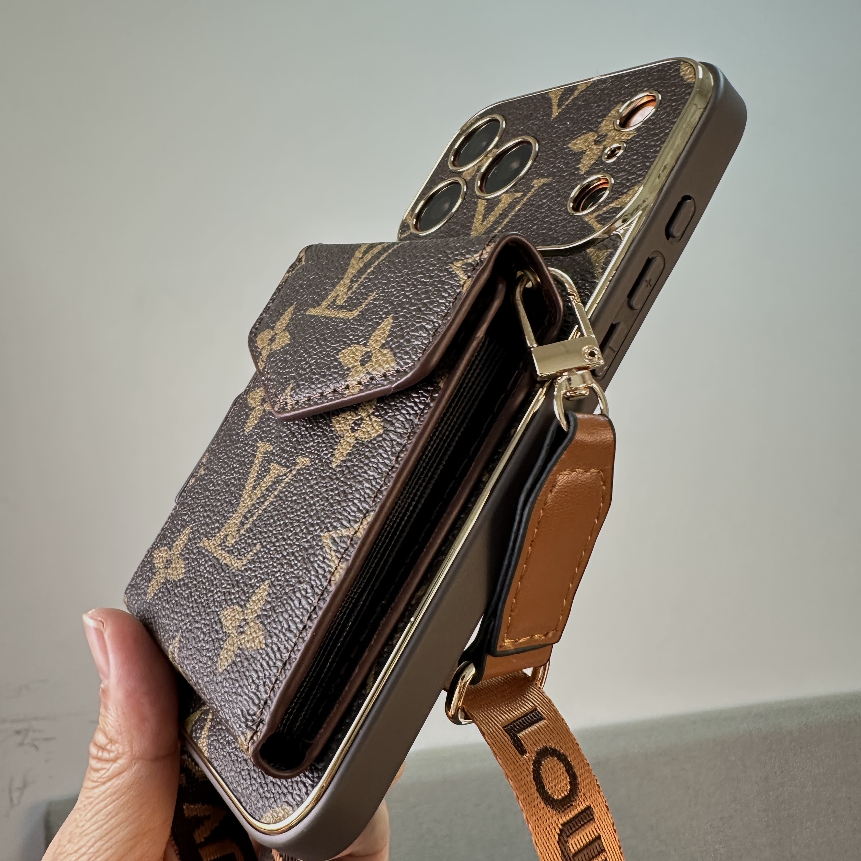 Premium Leather Monogram iPhone Case With Wallet And Crossbody Strap For iPhone 17 Series-GELV145