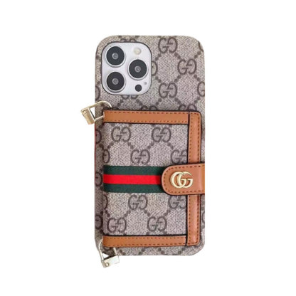 GG iPhone Case With Wallet And Crossbody Strap Brown -XK240330-GTOCASE