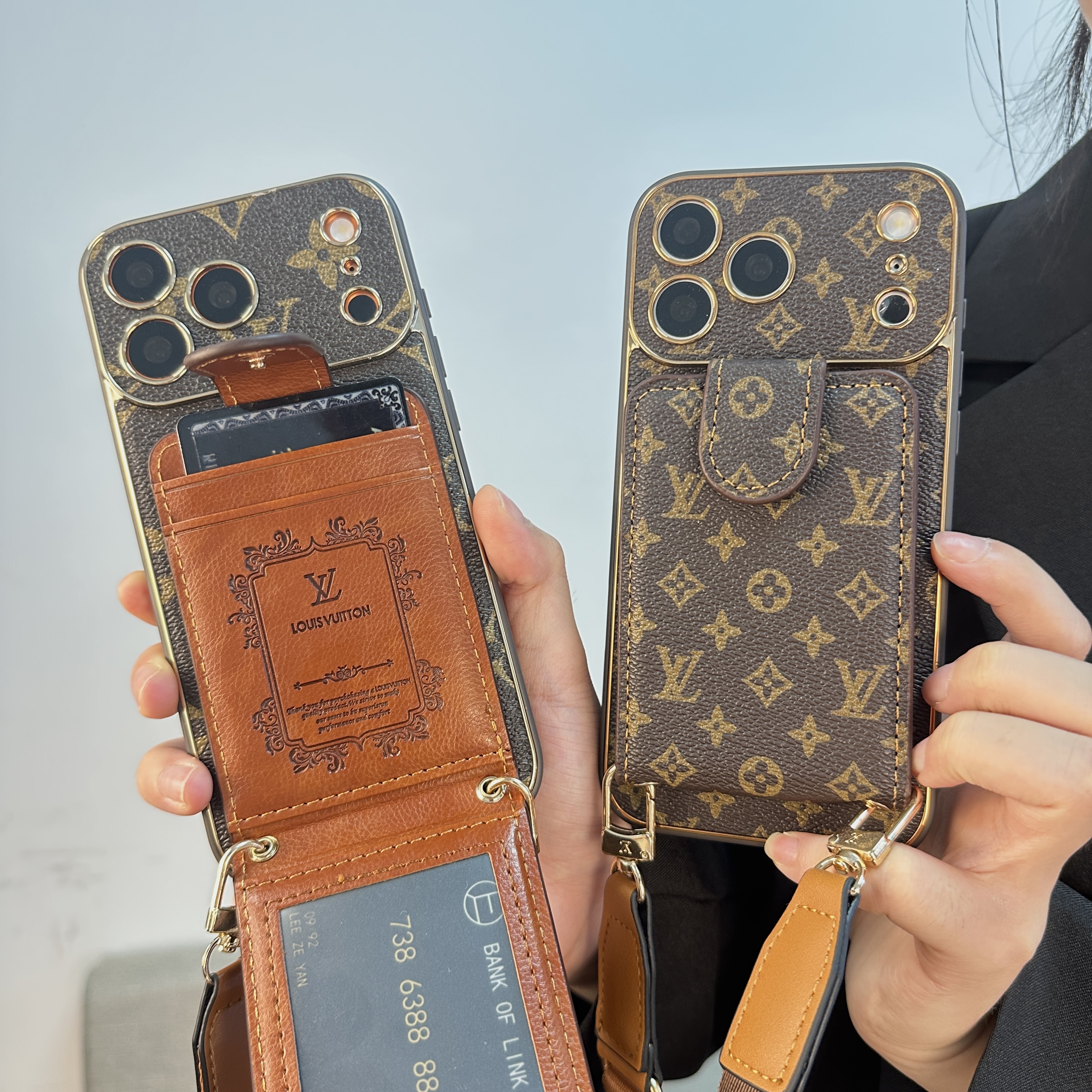 Refined Leather Monogram iPhone Case With Wallet And Crossbody Strap For iPhone 17 Series-GELV143