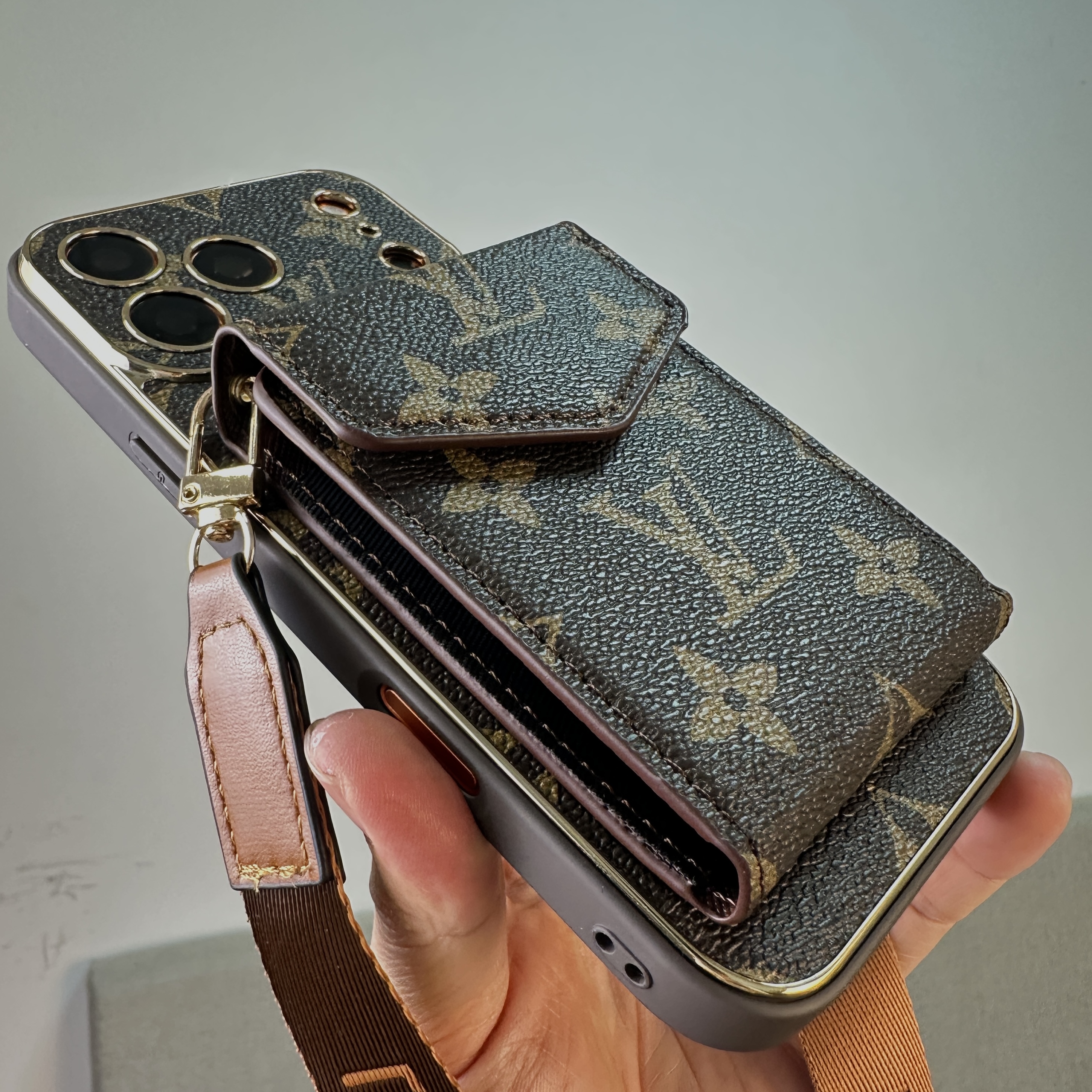 Premium Leather Monogram iPhone Case With Wallet And Crossbody Strap For iPhone 17 Series-GELV145