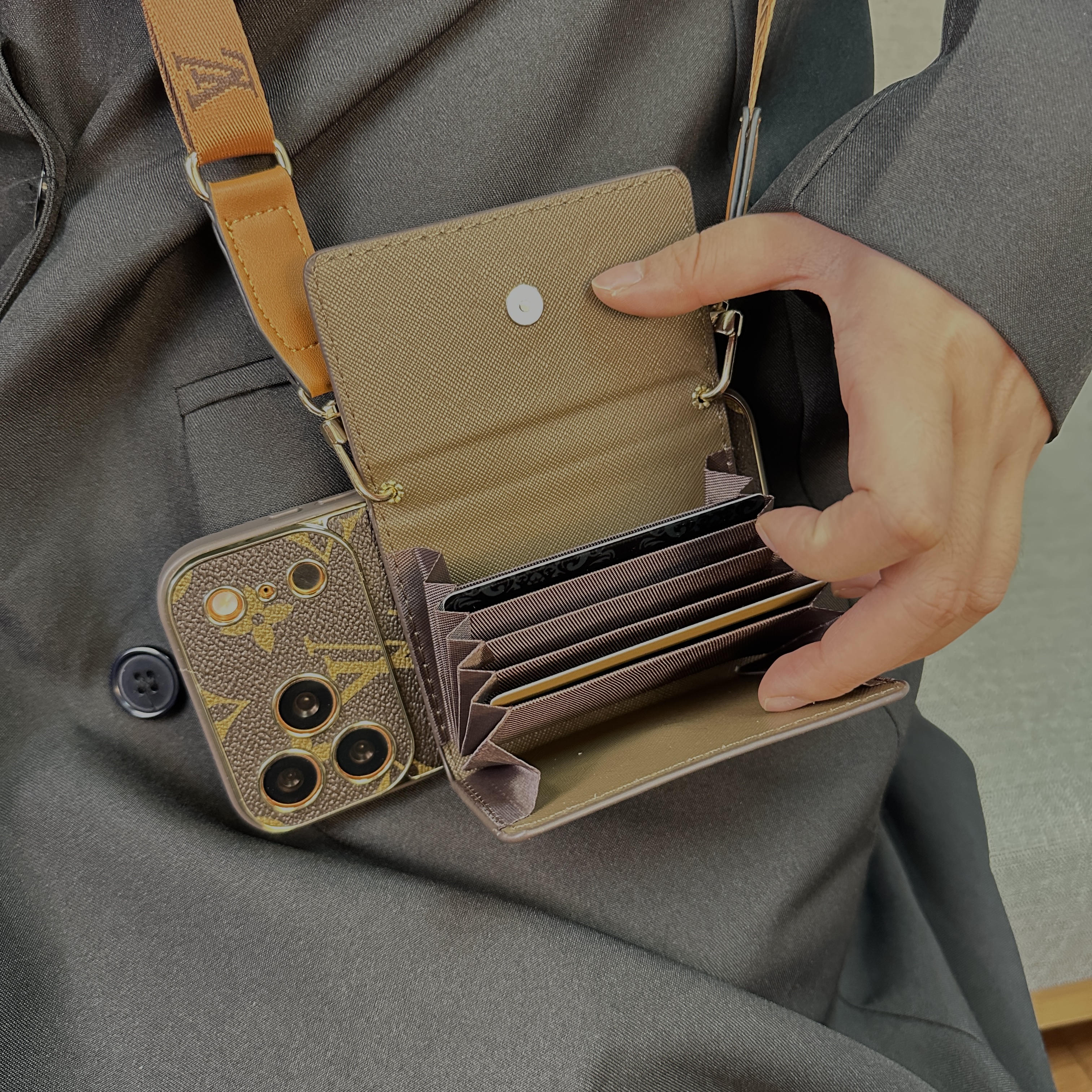 Refined Leather Monogram iPhone Case With Wallet And Crossbody Strap For iPhone 17 Series-GELV146