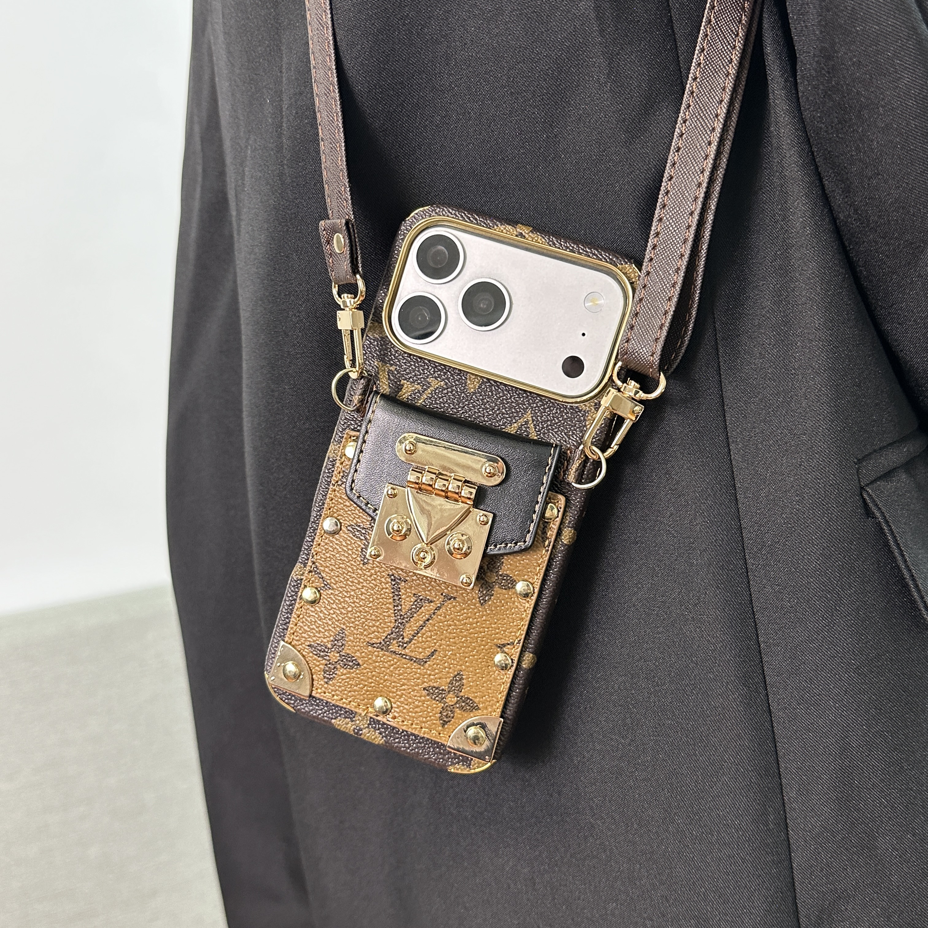 Refined Leather Monogram iPhone Case With Wallet And Crossbody Strap For iPhone 17 Series Black -GELV147