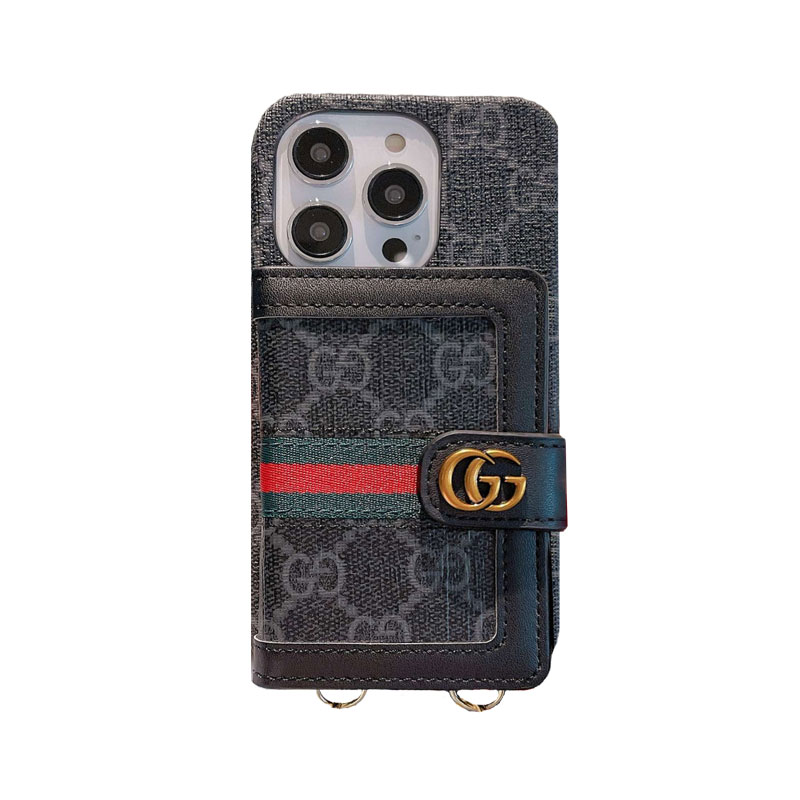 GG iPhone Case With Card Holder And Strap Brown -SZK240401-GTOCASE