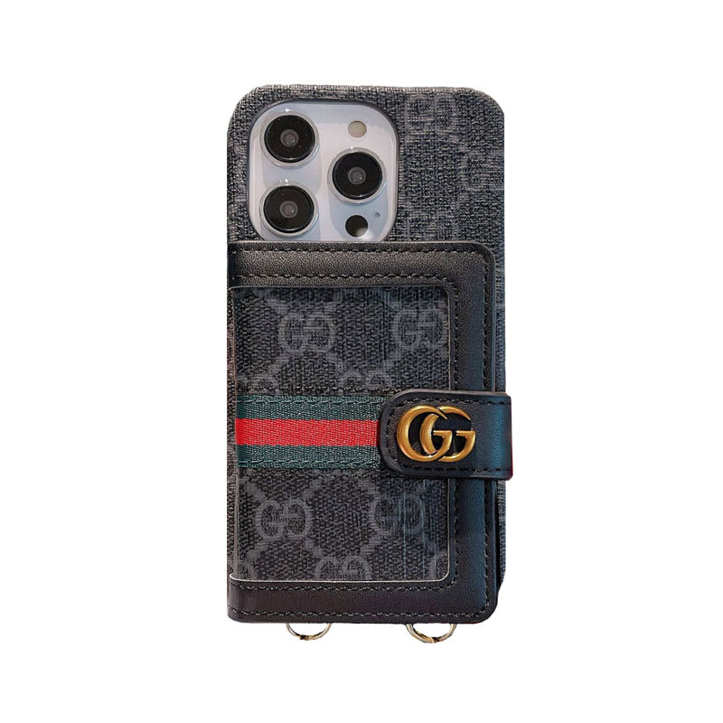 GG iPhone Case With Card Holder And Strap Brown -SZK240401-GTOCASE