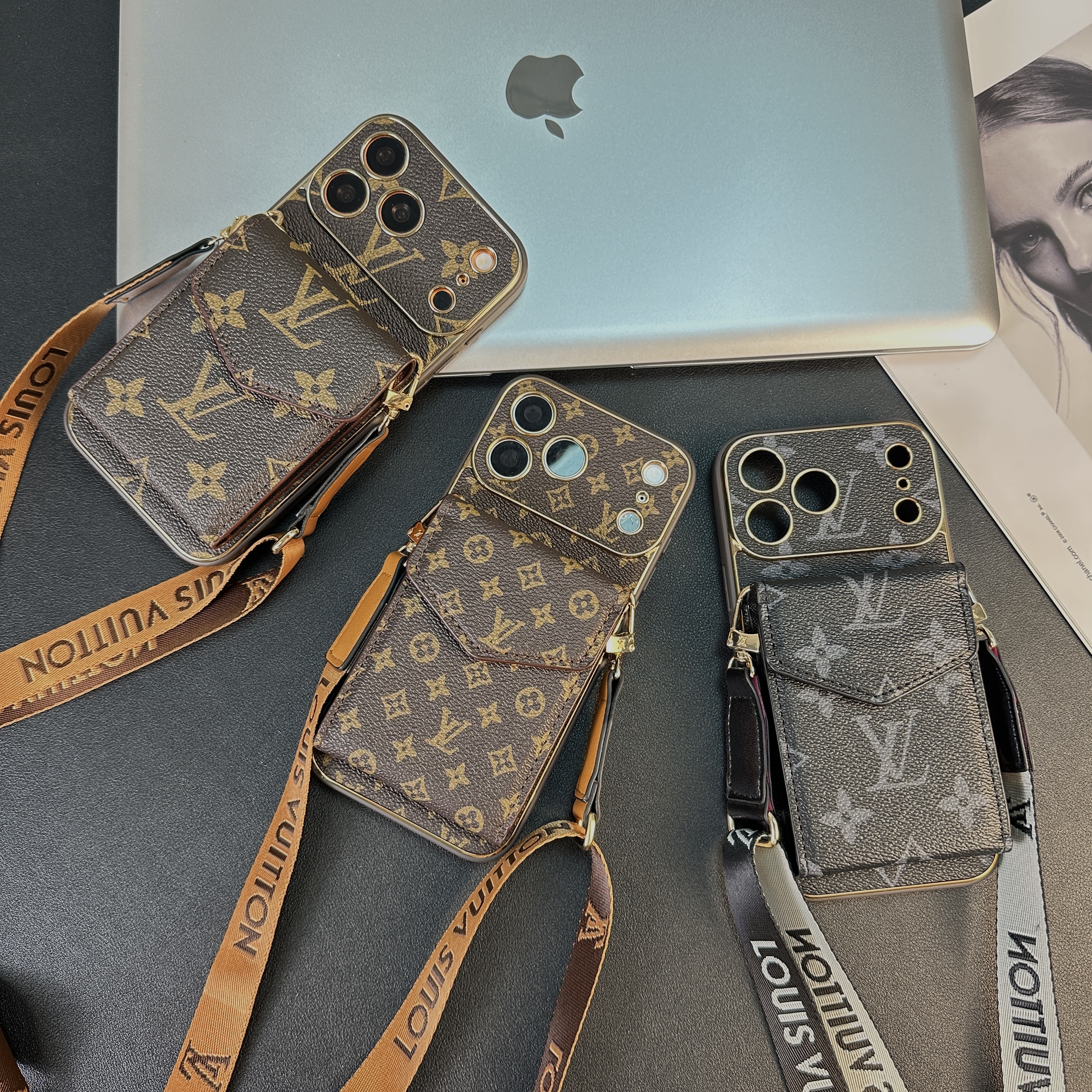 Premium Leather Monogram iPhone Case With Wallet And Crossbody Strap For iPhone 17 Series-GELV145