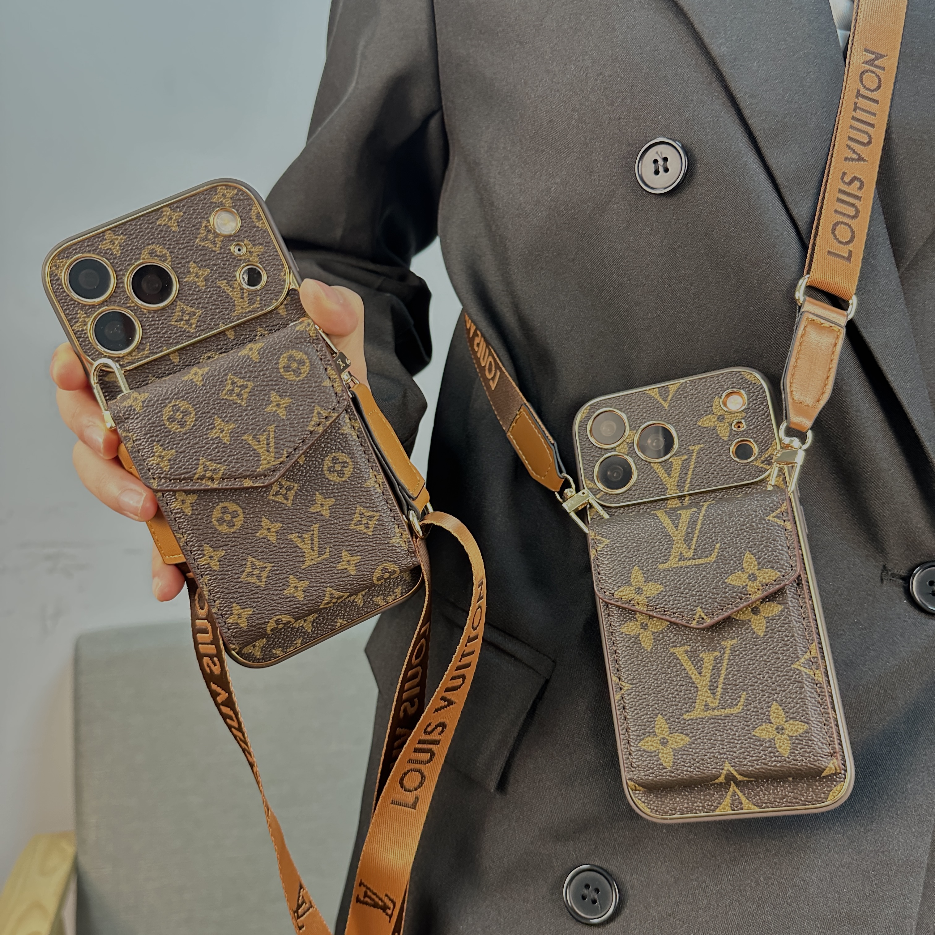 Premium Leather Monogram iPhone Case With Wallet And Crossbody Strap For iPhone 17 Series-GELV145