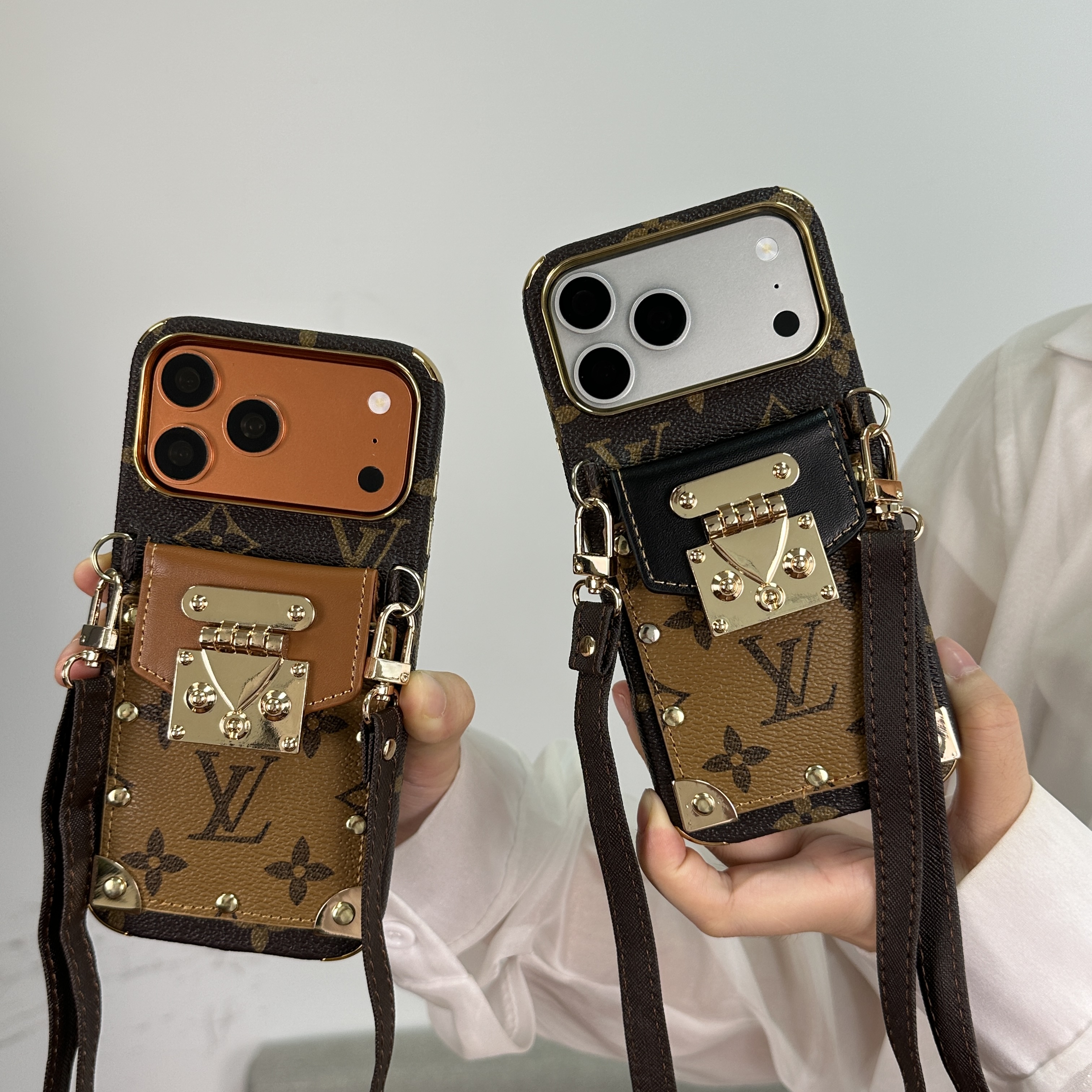 Refined Leather Monogram iPhone Case With Wallet And Crossbody Strap For iPhone 17 Series Black -GELV147