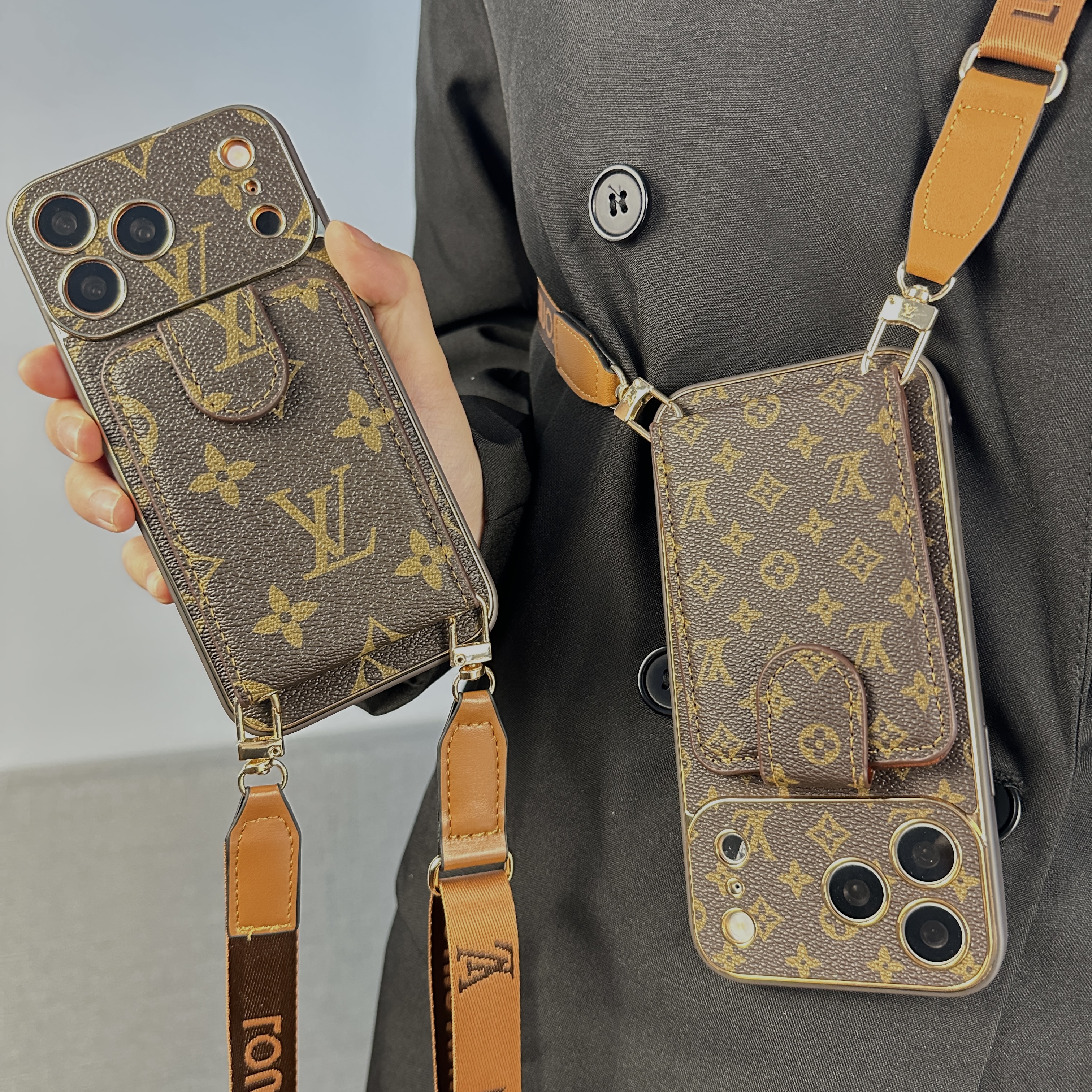 Refined Leather Monogram iPhone Case With Wallet And Crossbody Strap For iPhone 17 Series-GELV143