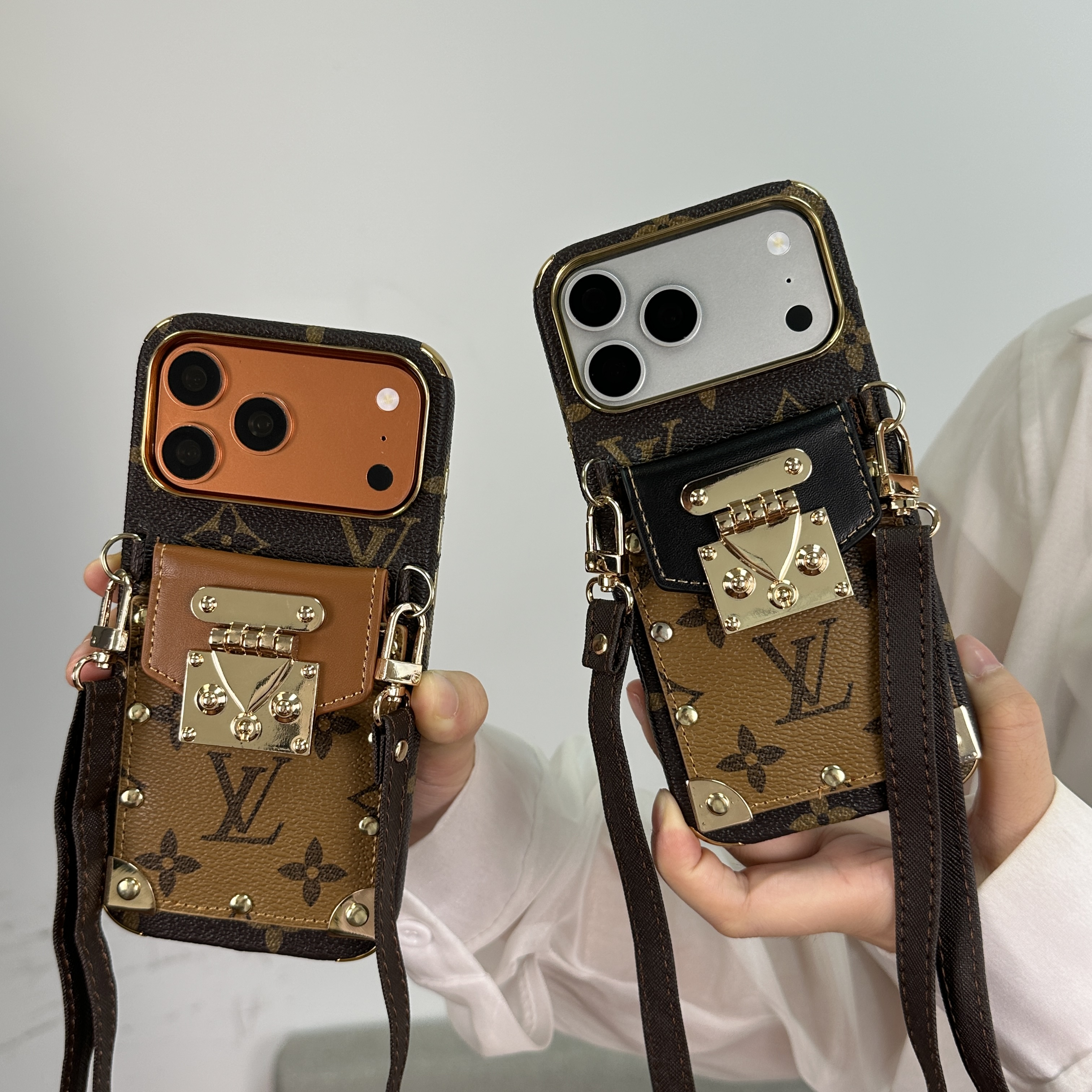 Luxury leather  Monogram iPhone Case With Wallet And Crossbody Strap For iPhone 17 Series Brown-GELV148