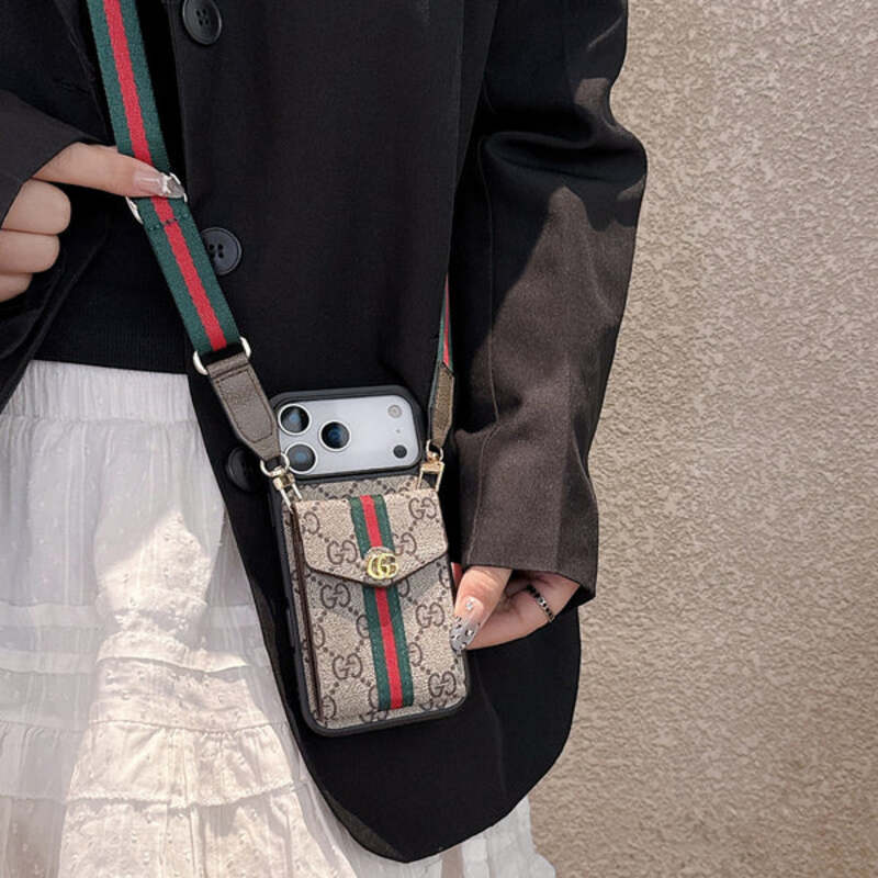 Classic Leather GG iPhone Case With Card Holder And Strap Brown-YHK251106