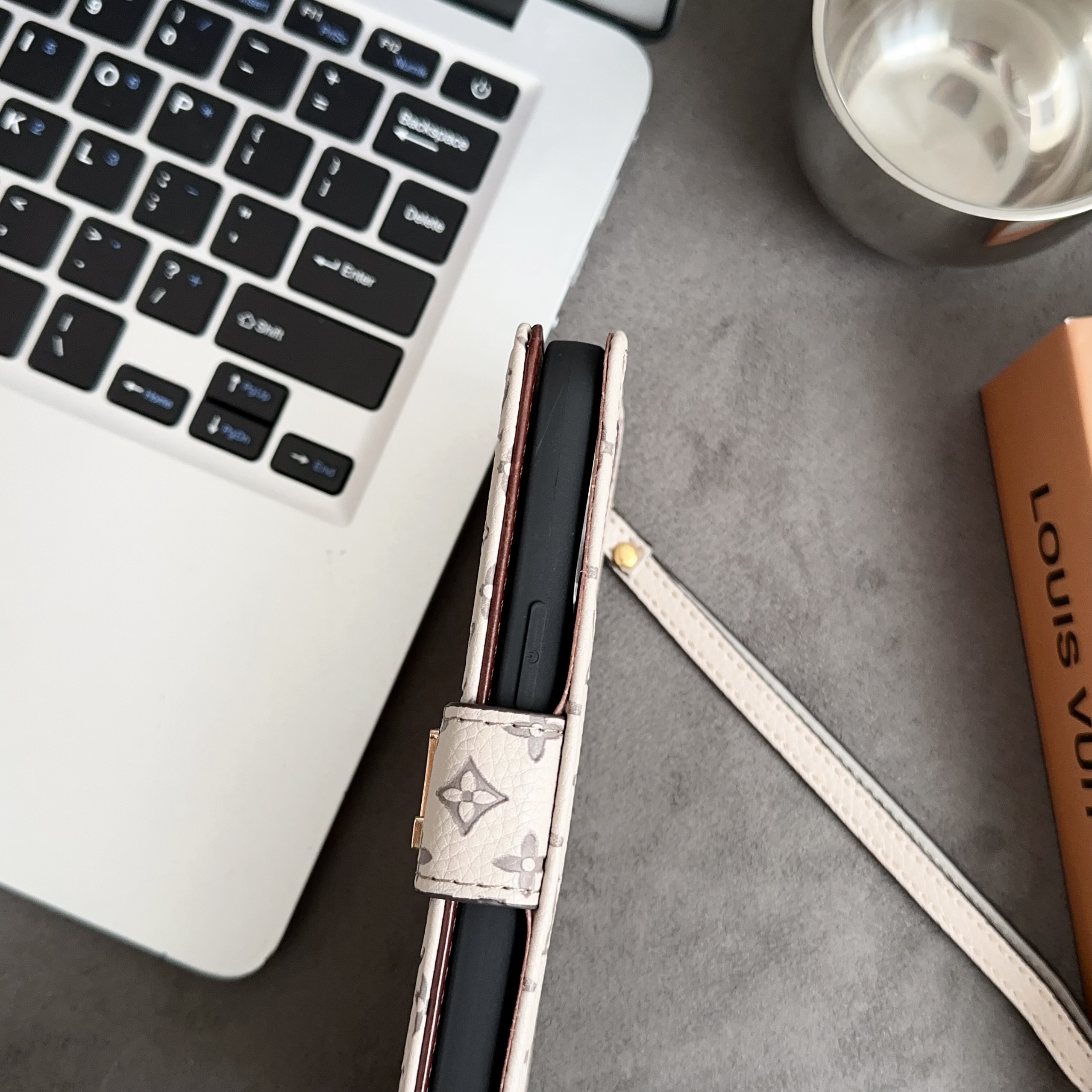 Chic Folding Monogram iPhone Case with Card Holder And Strap White-GEHYL005