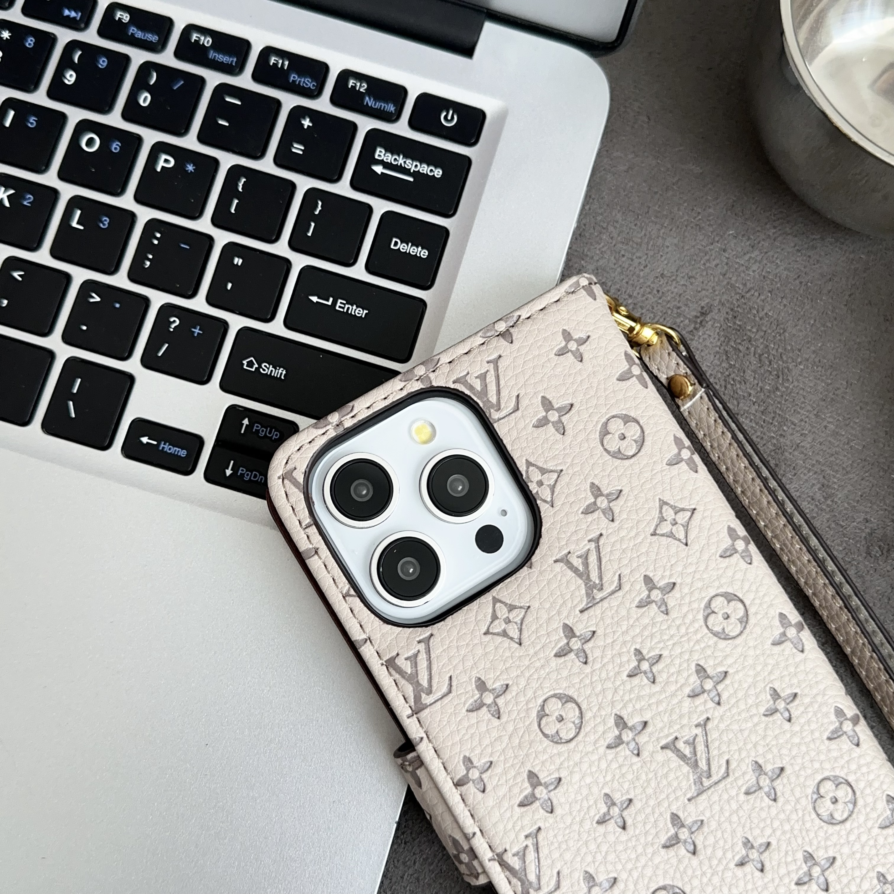 Chic Folding Monogram iPhone Case with Card Holder And Strap White-GEHYL005