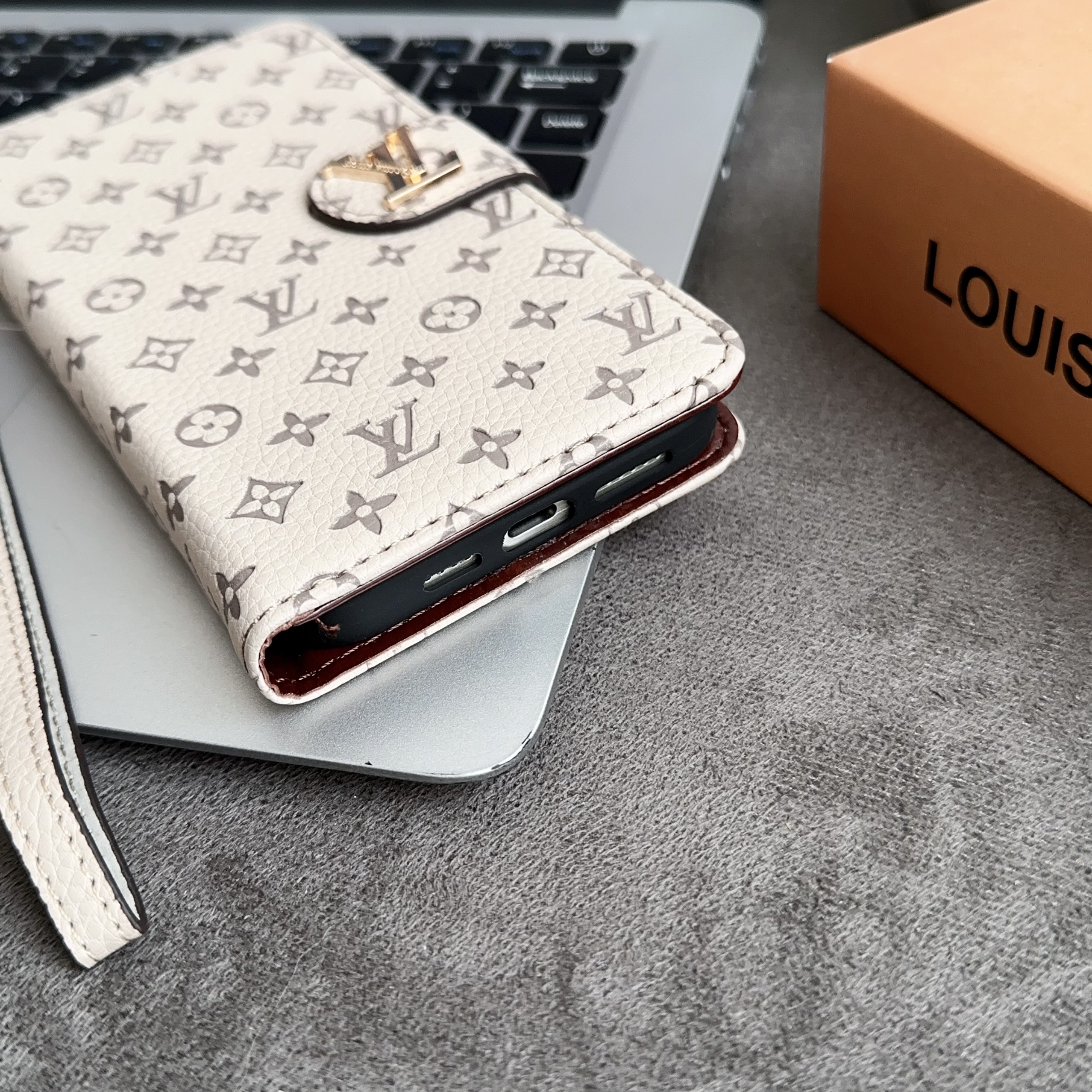 Chic Folding Monogram iPhone Case with Card Holder And Strap White-GEHYL005