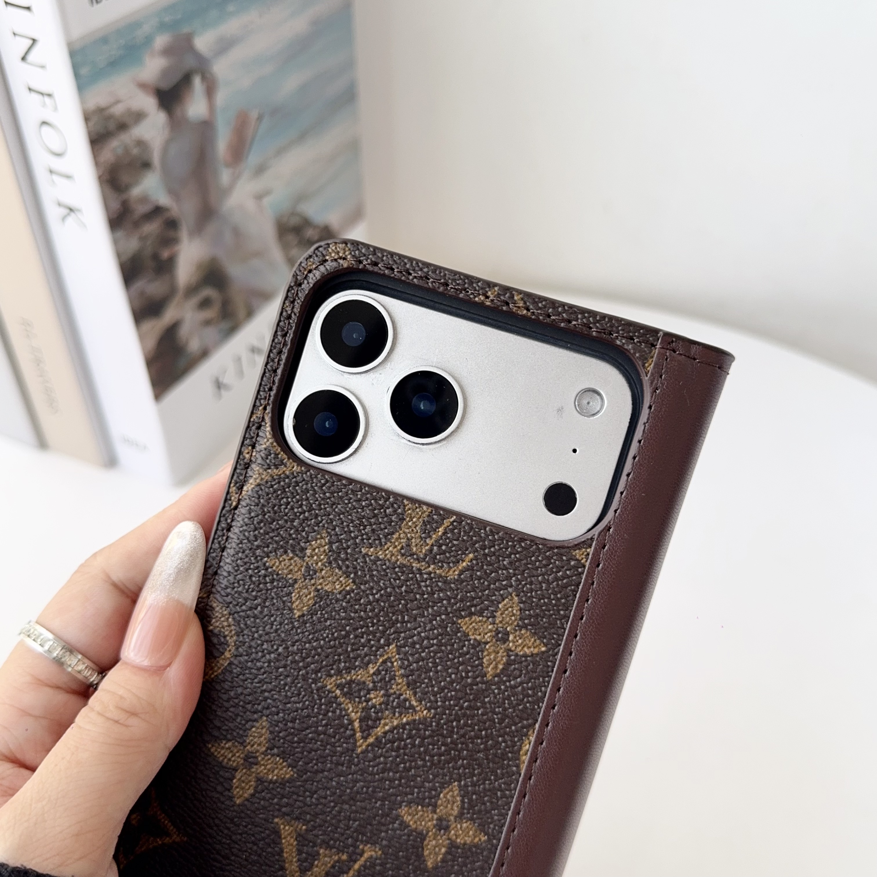 Luxury Folio Leather Monogram iPhone Case with Card Holder and Cash Pocket-GELB004