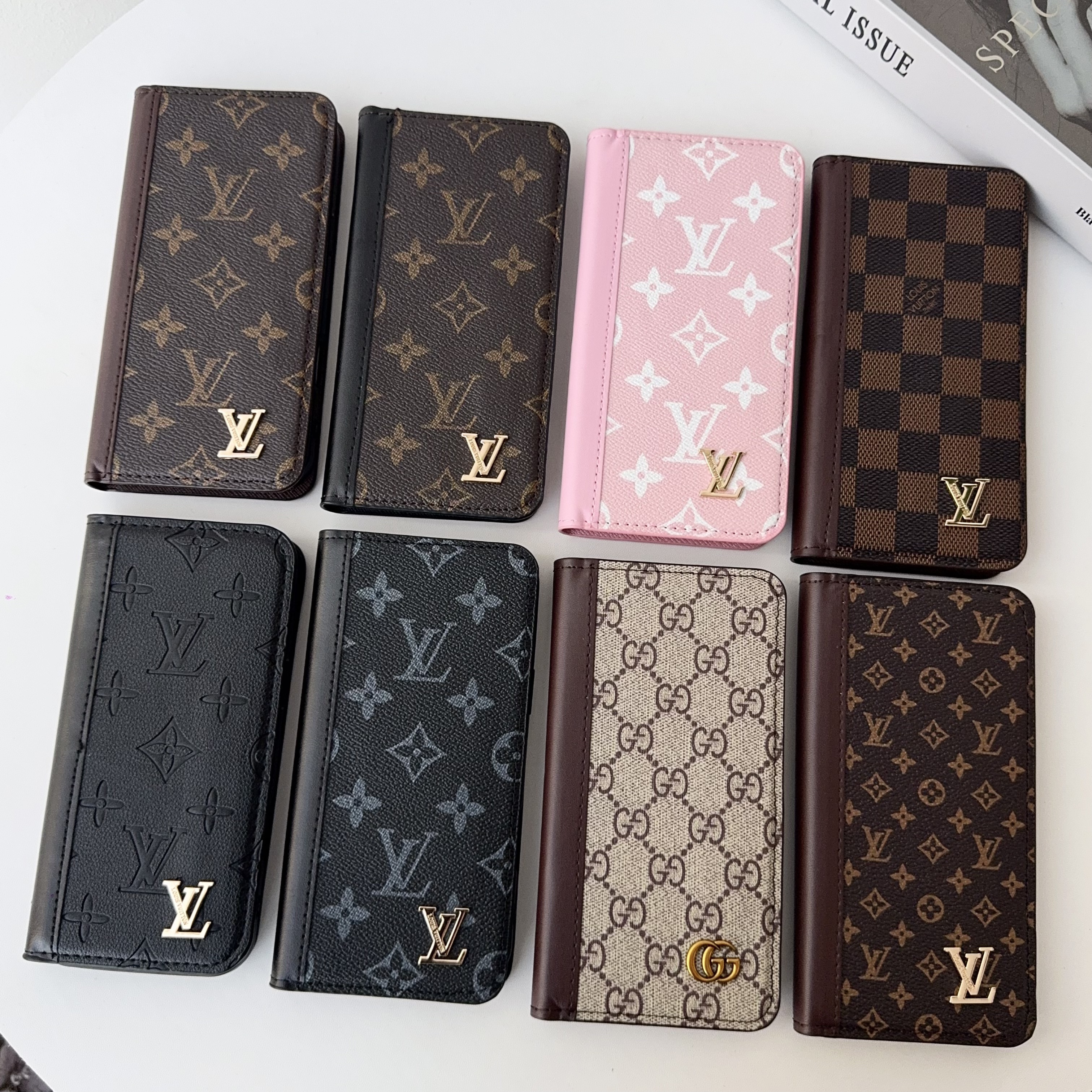 Luxury Folio Leather Monogram iPhone Case with Card Holder and Cash Pocket-GELB004