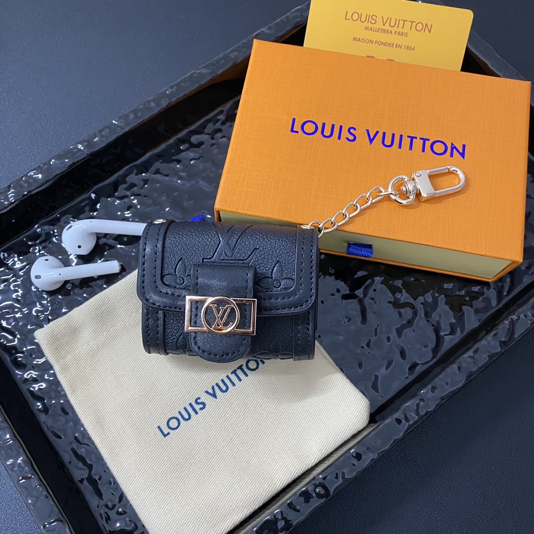 Premium Leather Monogram AirPods Cases Black Printing-GELV135