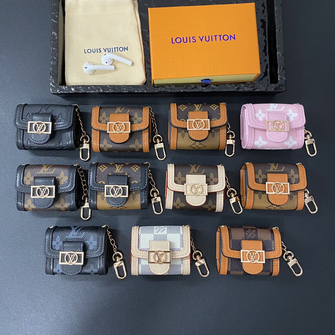 Premium Leather Monogram AirPods Cases Black Printing-GELV135