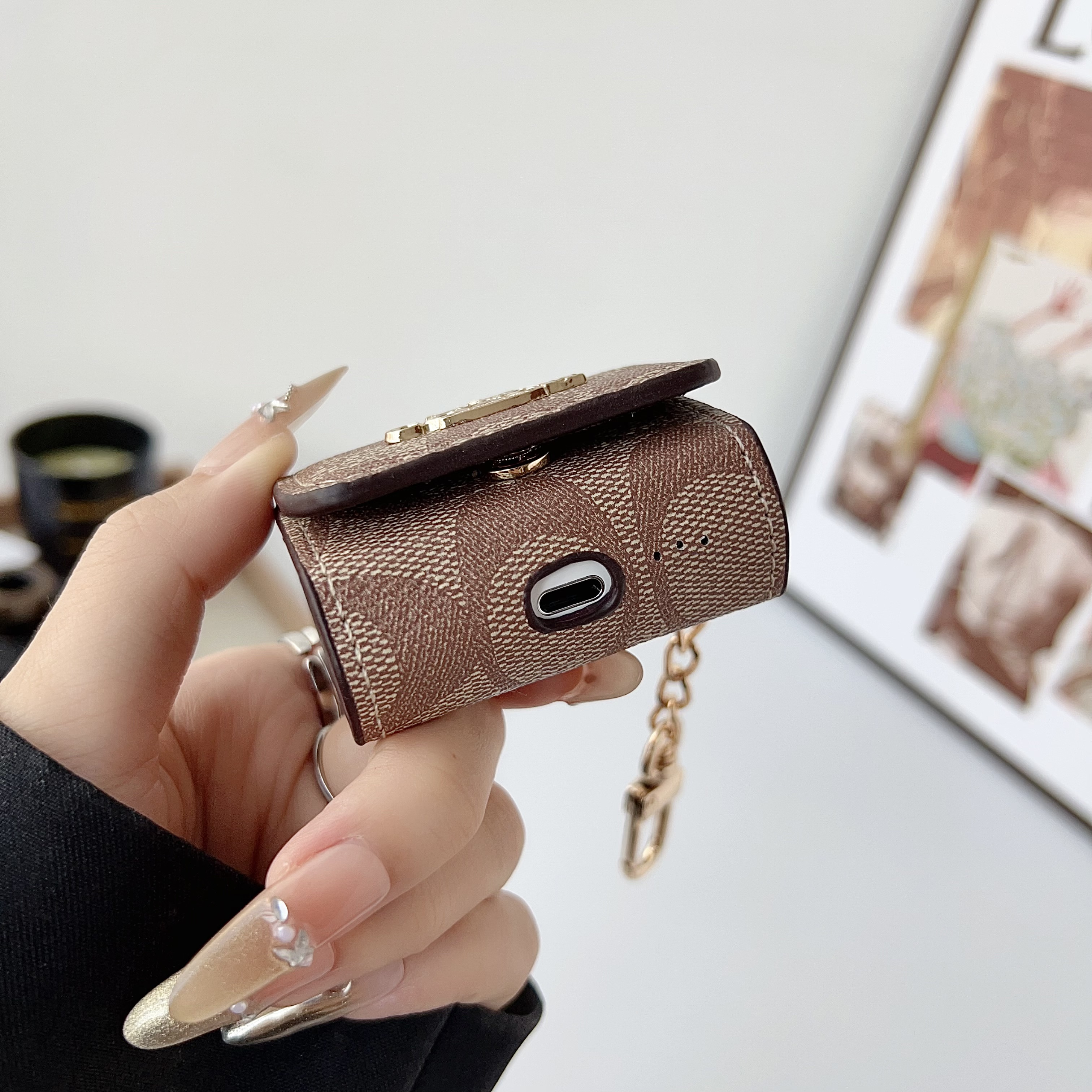 Refined Leather CH AirPods Cases Coffee-GECH139