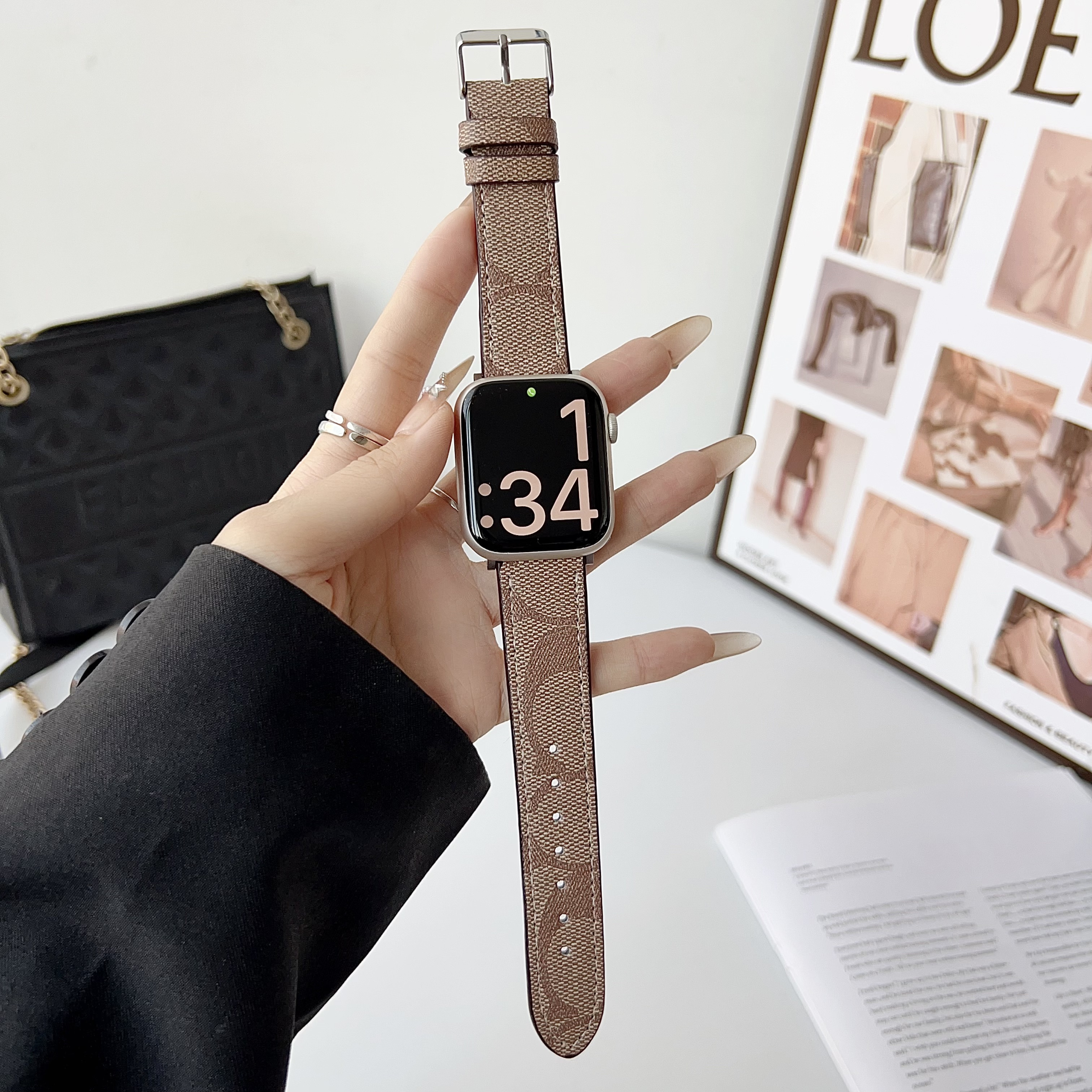 Stylish Leather CH Apple Watch Band Coffee-GECH116