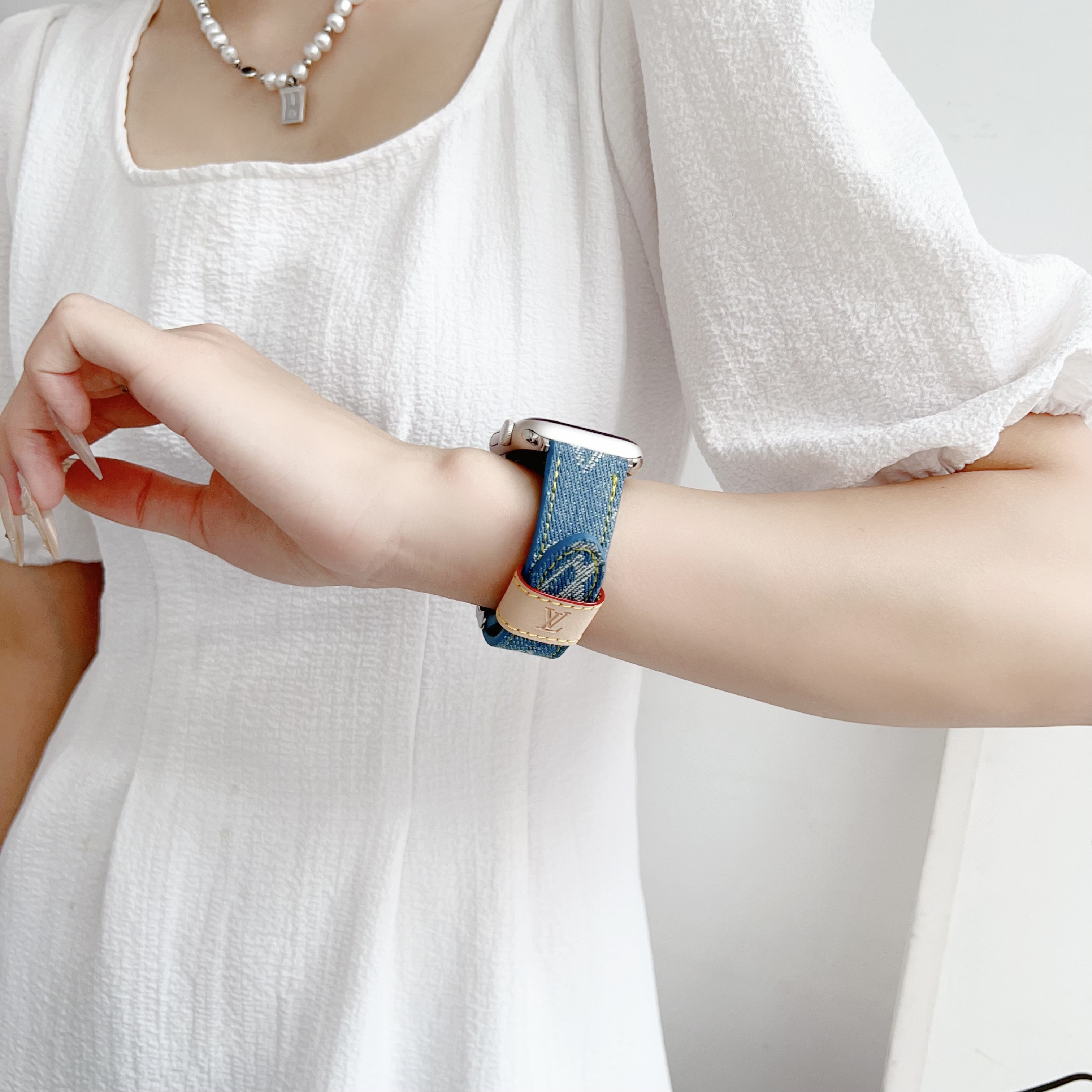 Classic Leather Monogram Apple Watch Band Blue-GELV121