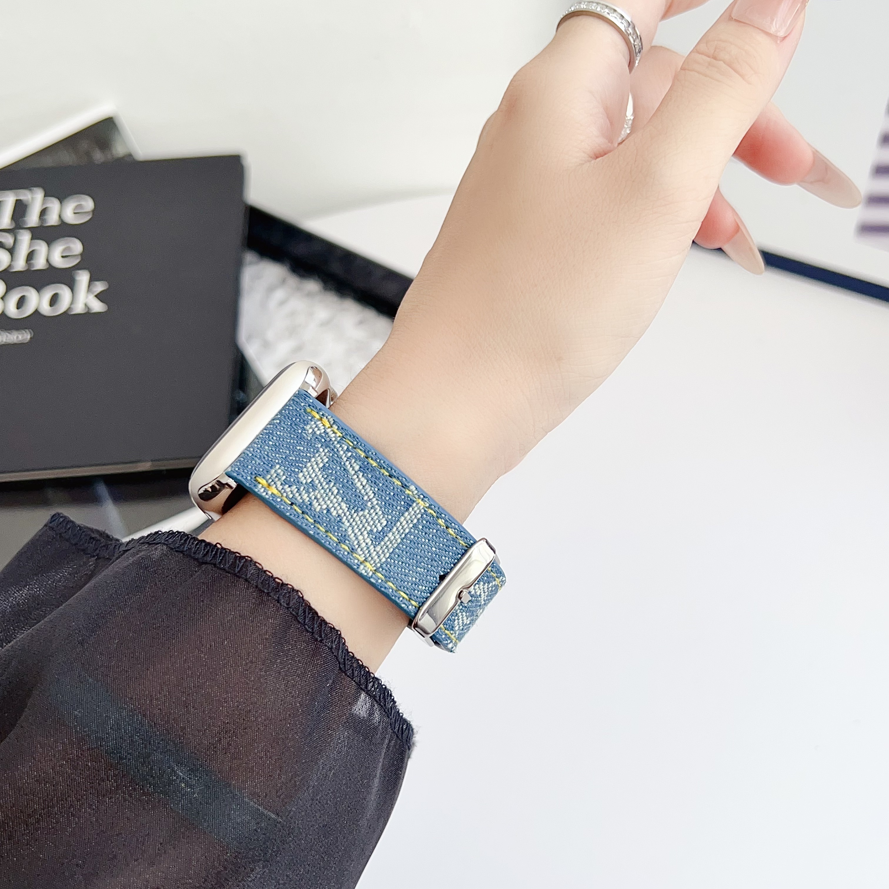 Classic Leather Monogram Apple Watch Band Blue-GELV121