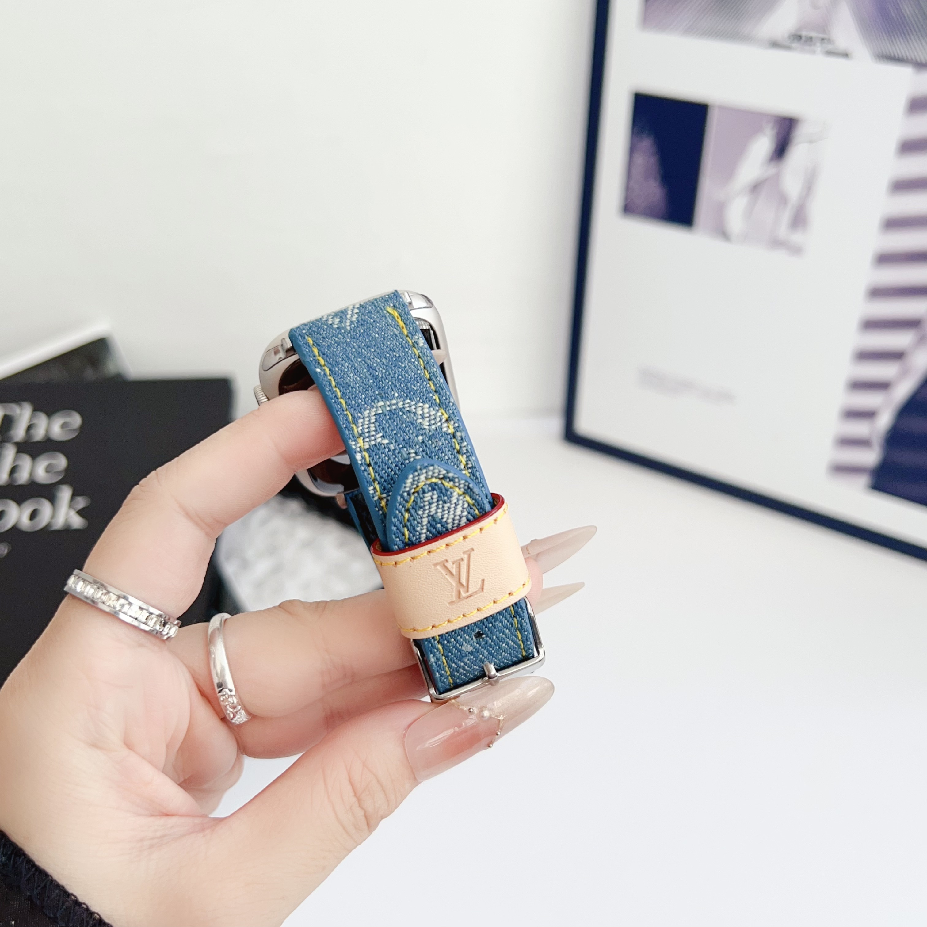 Classic Leather Monogram Apple Watch Band Blue-GELV121