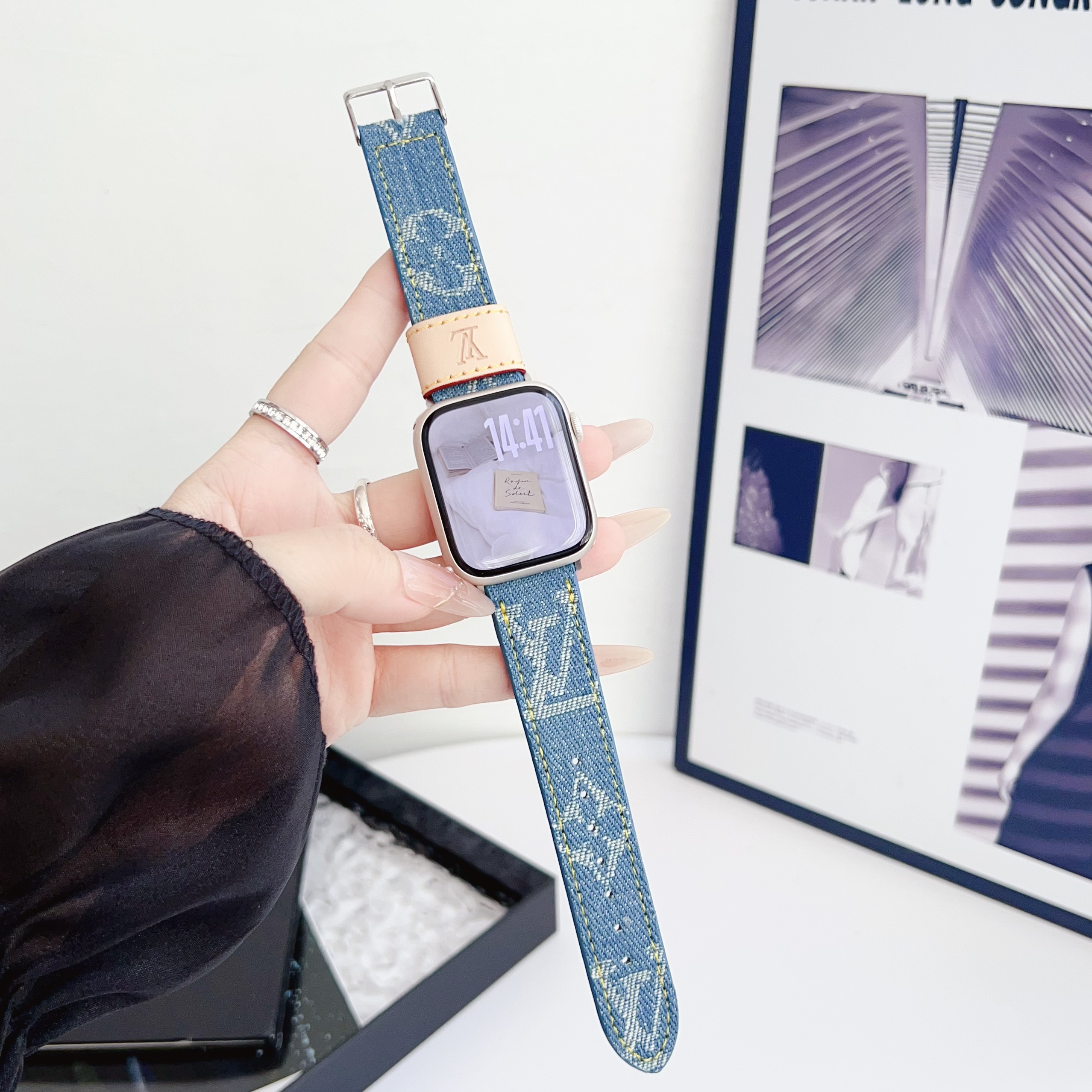 Classic Leather Monogram Apple Watch Band Blue-GELV121