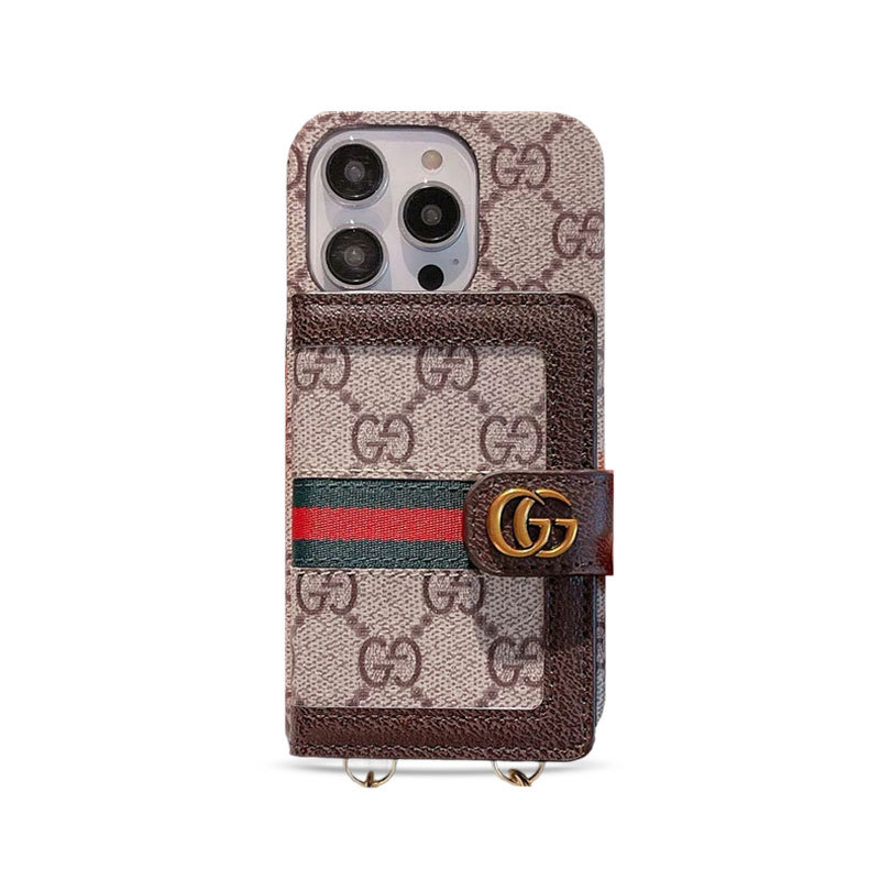 GG iPhone Case With Card Holder And Strap Brown -SZK240401-GTOCASE