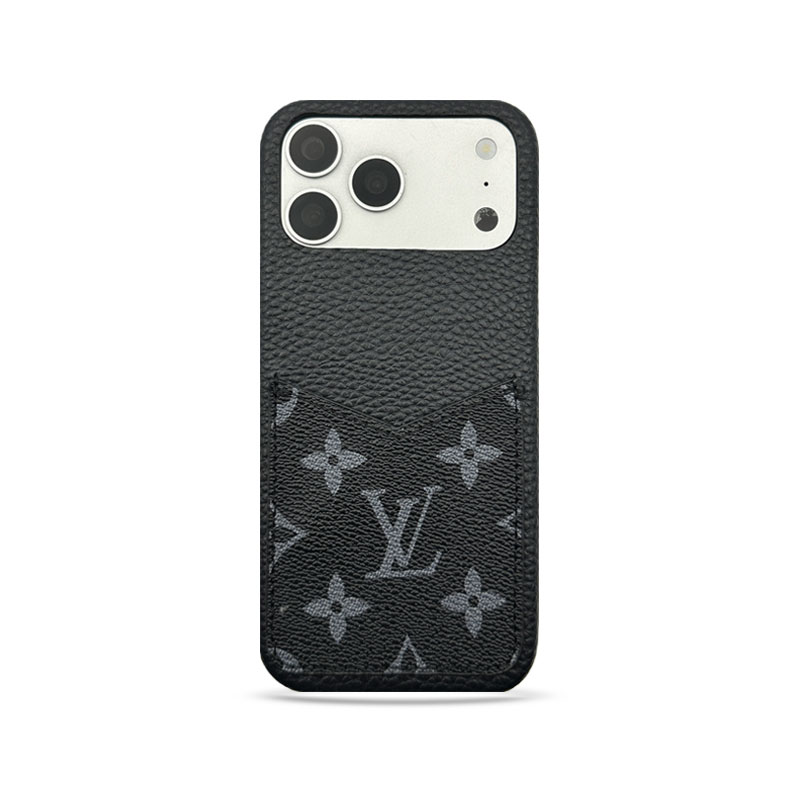 Leather Monogram iPhone Case With Card Holder Black Printing For iPhone 17 Series-GELV093