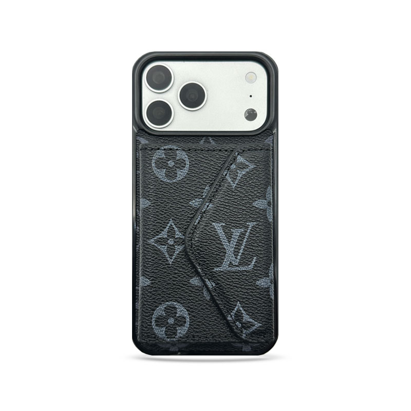 Luxury Leather Monogram iPhone Case With Card Holder Black Printing For iPhone 17 Series-GELV094