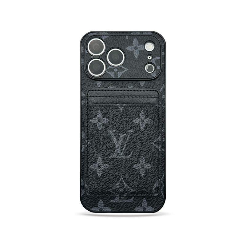 Premium Leather Monogram iPhone Case With Magnetic Card Holder Black Printing For iPhone 17 Series-GELV098