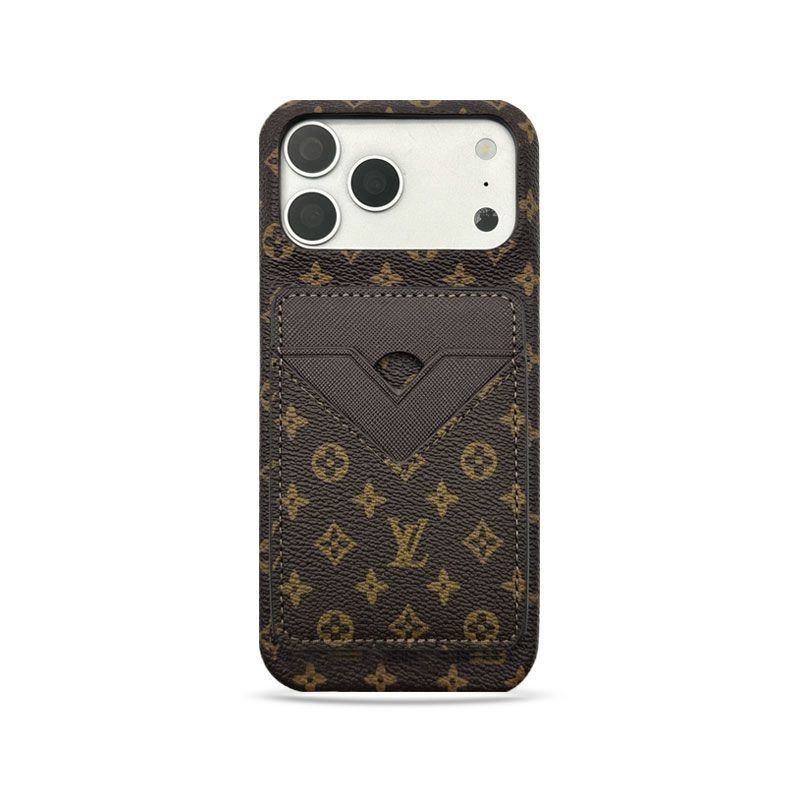 Premium Leather Monogram iPhone Case With Magnetic Card Holder Small Printing For iPhone 17 Series-GELV084