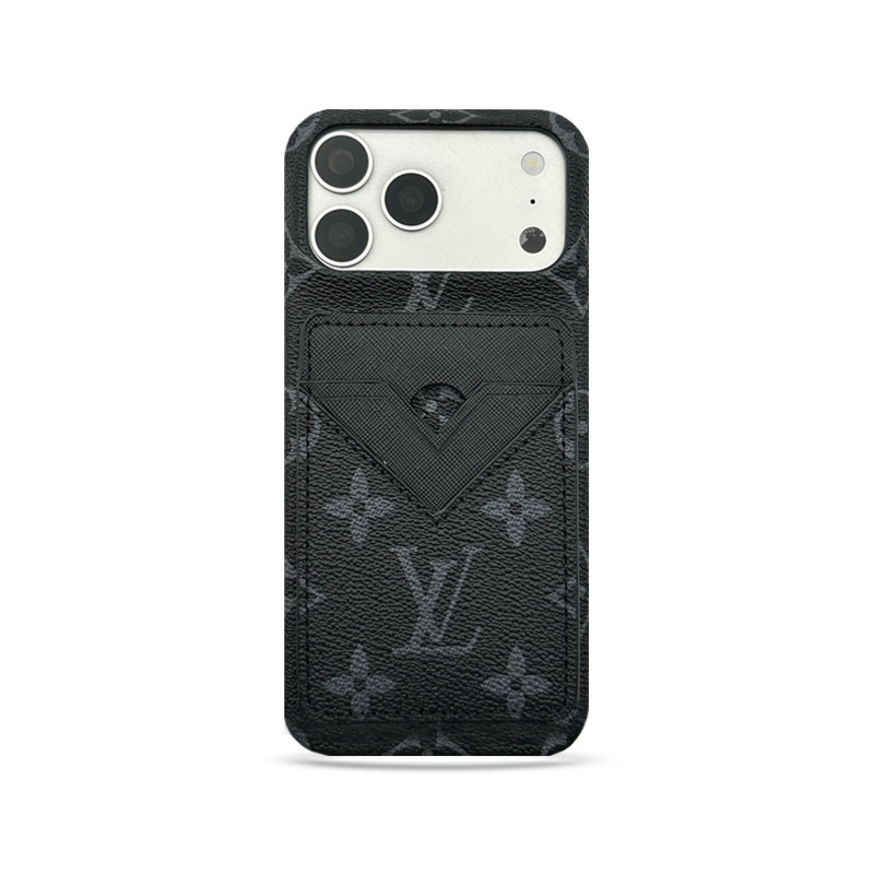 Elegant Leather Monogram iPhone Case With Magnetic Card Holder Black Printing For iPhone 17 Series-GELV085