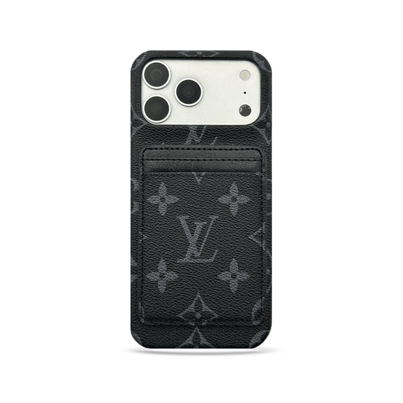 Classic Leather Monogram iPhone Case With Magnetic Card Holder Black Printing For iPhone 17 Series-GELV088