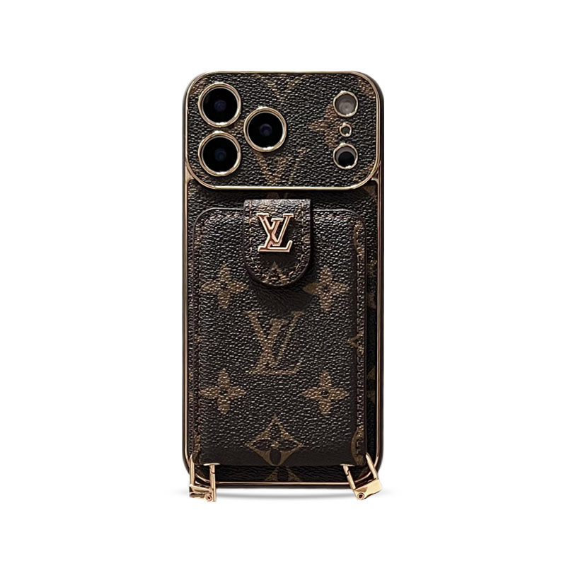 Luxury Leather Monogram iPhone Case With Card Holder And Strap For iPhone 17 Series-GELV007