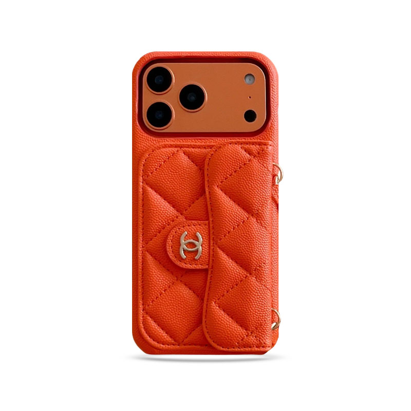 Leather CC iPhone Case With Wallet And Wrist Strap Orange For iPhone 17 Series-GECC032