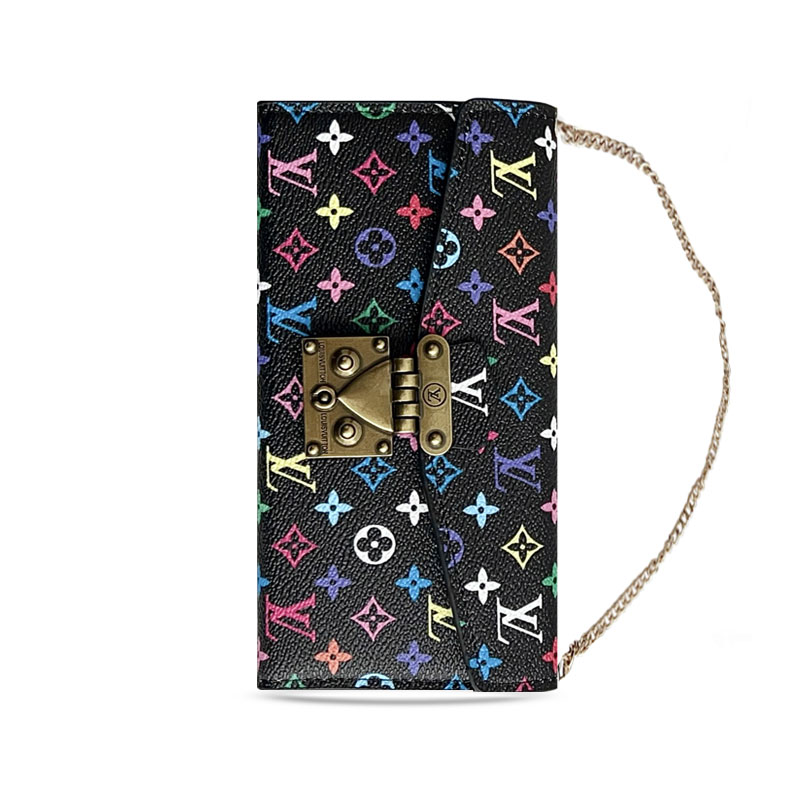 Leather Folio Monogram iPhone Case With Card Holder And Crossbody Chain-GEMTY003