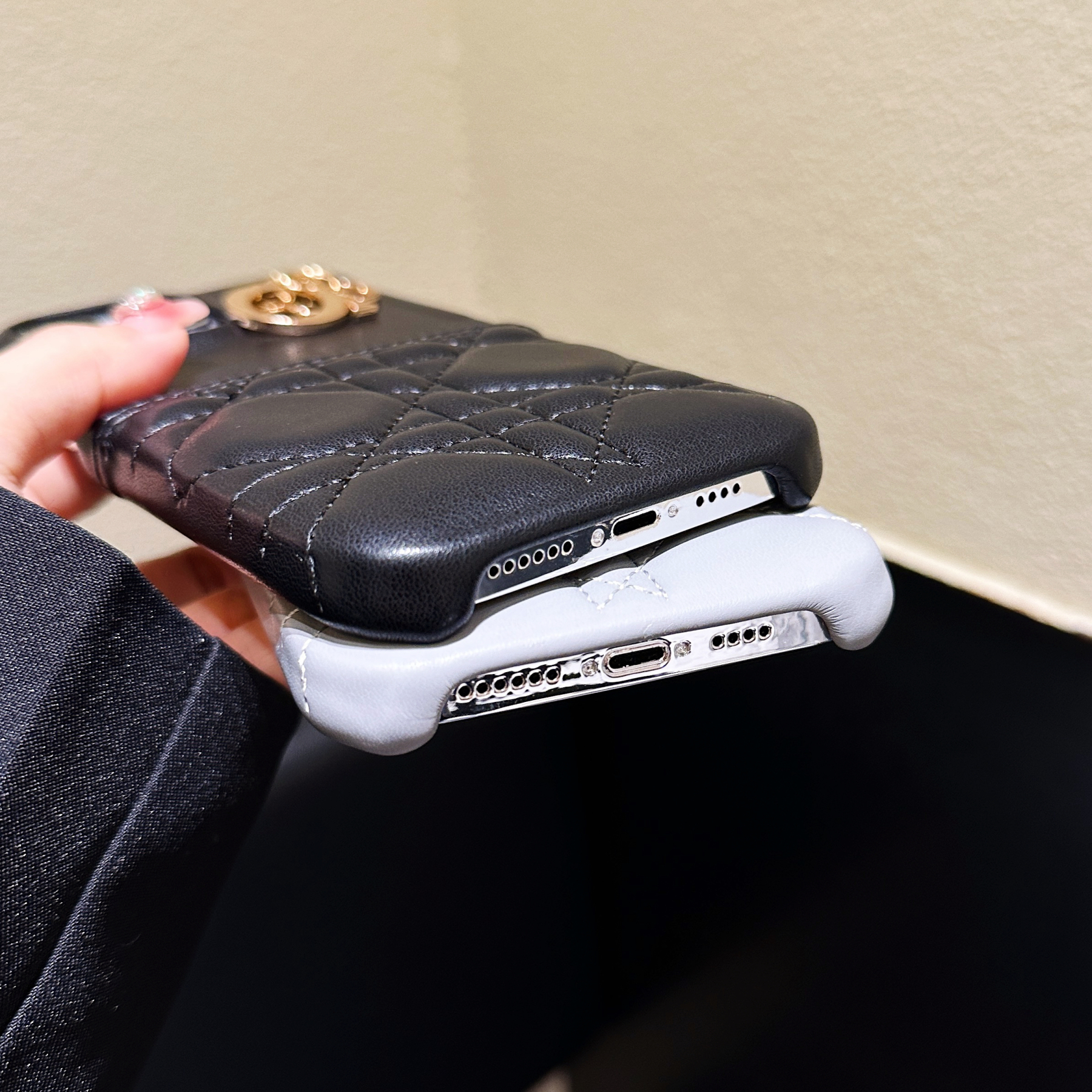 Classic CD iPhone Case With Card Holder Leather Black-JDK240513-GTOCASE
