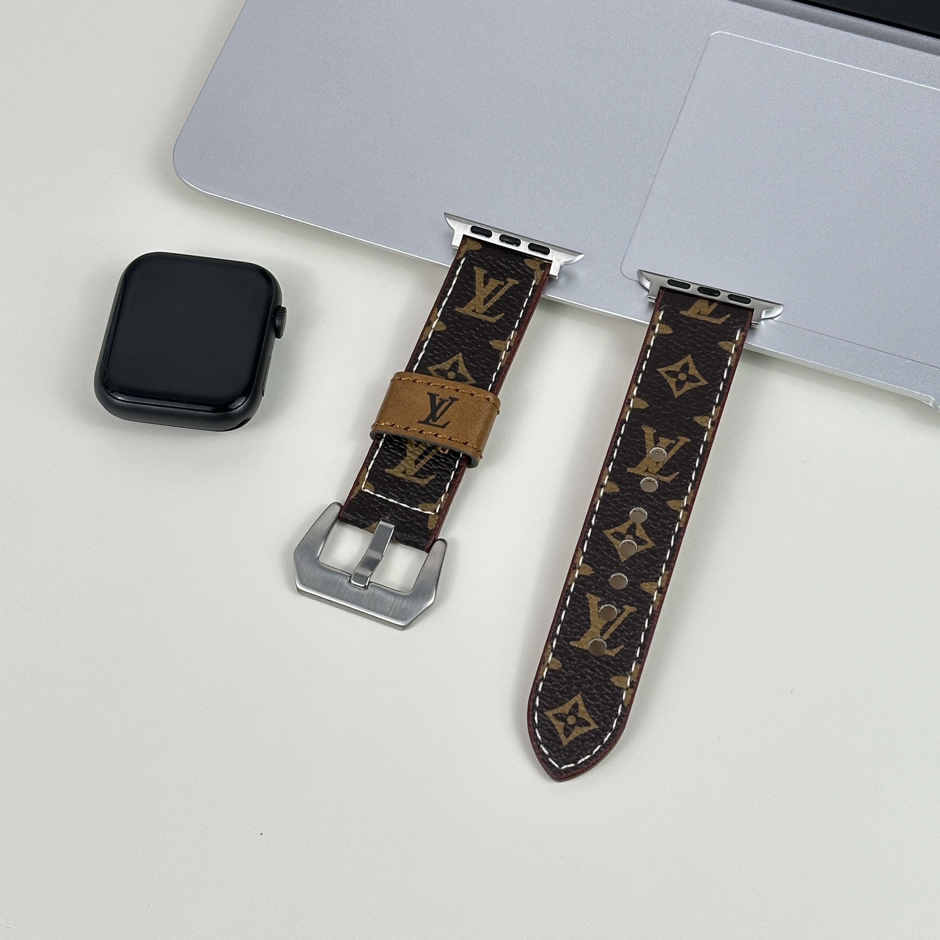 Luxury Leather Monogram Apple Watch Band Small Printing-GELV065
