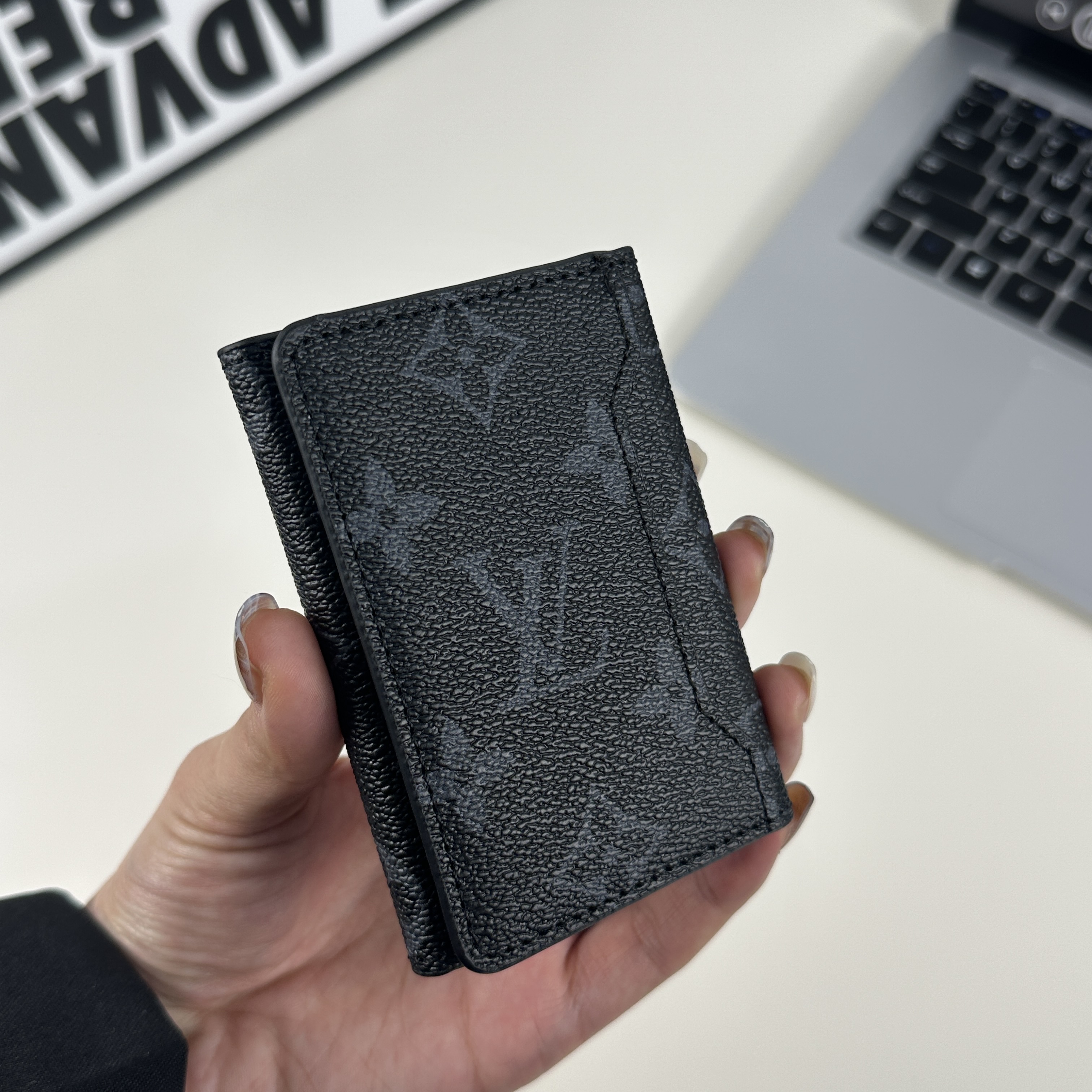Chic Leather Monogram Magnetic Wallet Black Printing-GELV079