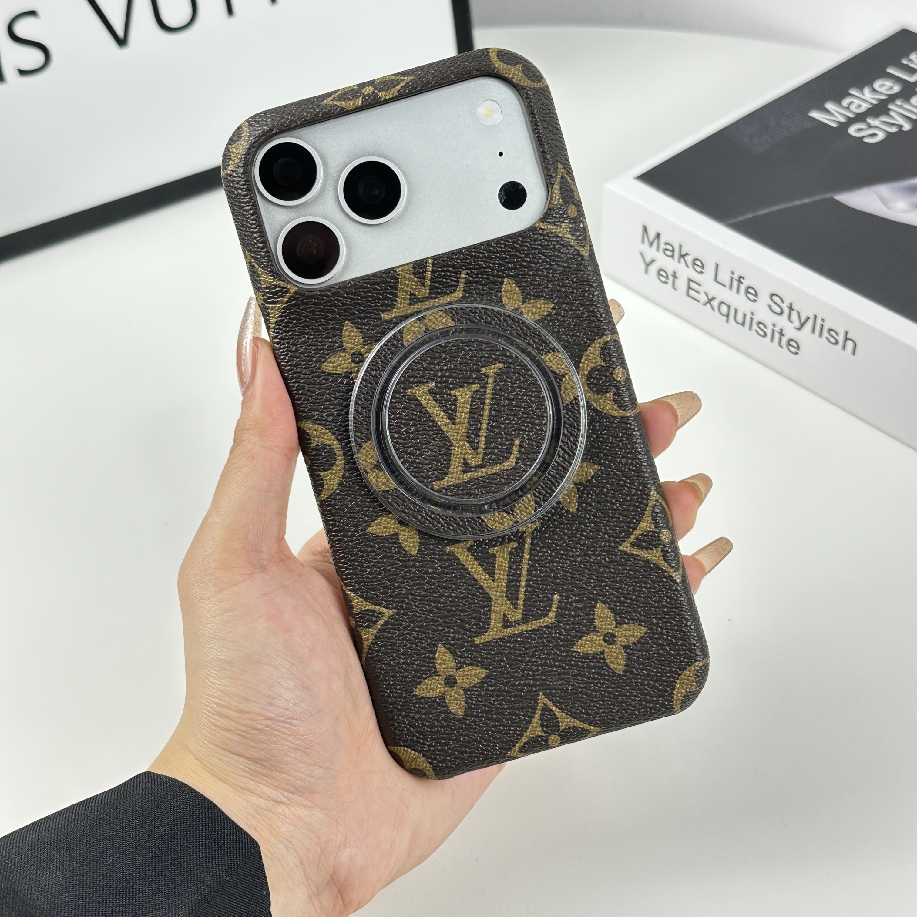 Premium Leather Monogram iPhone Case With Magnetic Stand Big Printing For iPhone 17 Series-GELV080