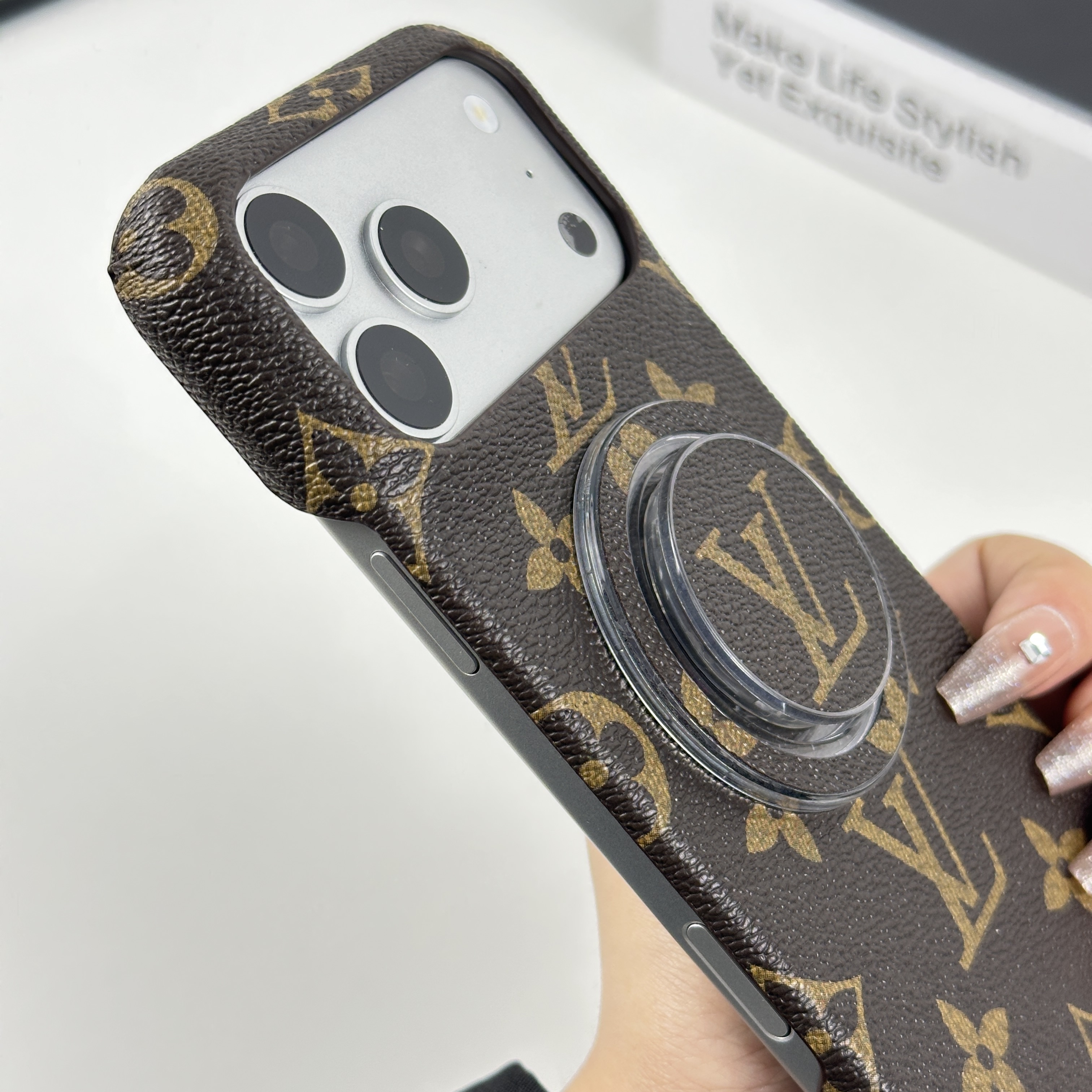 Premium Leather Monogram iPhone Case With Magnetic Stand Big Printing For iPhone 17 Series-GELV080