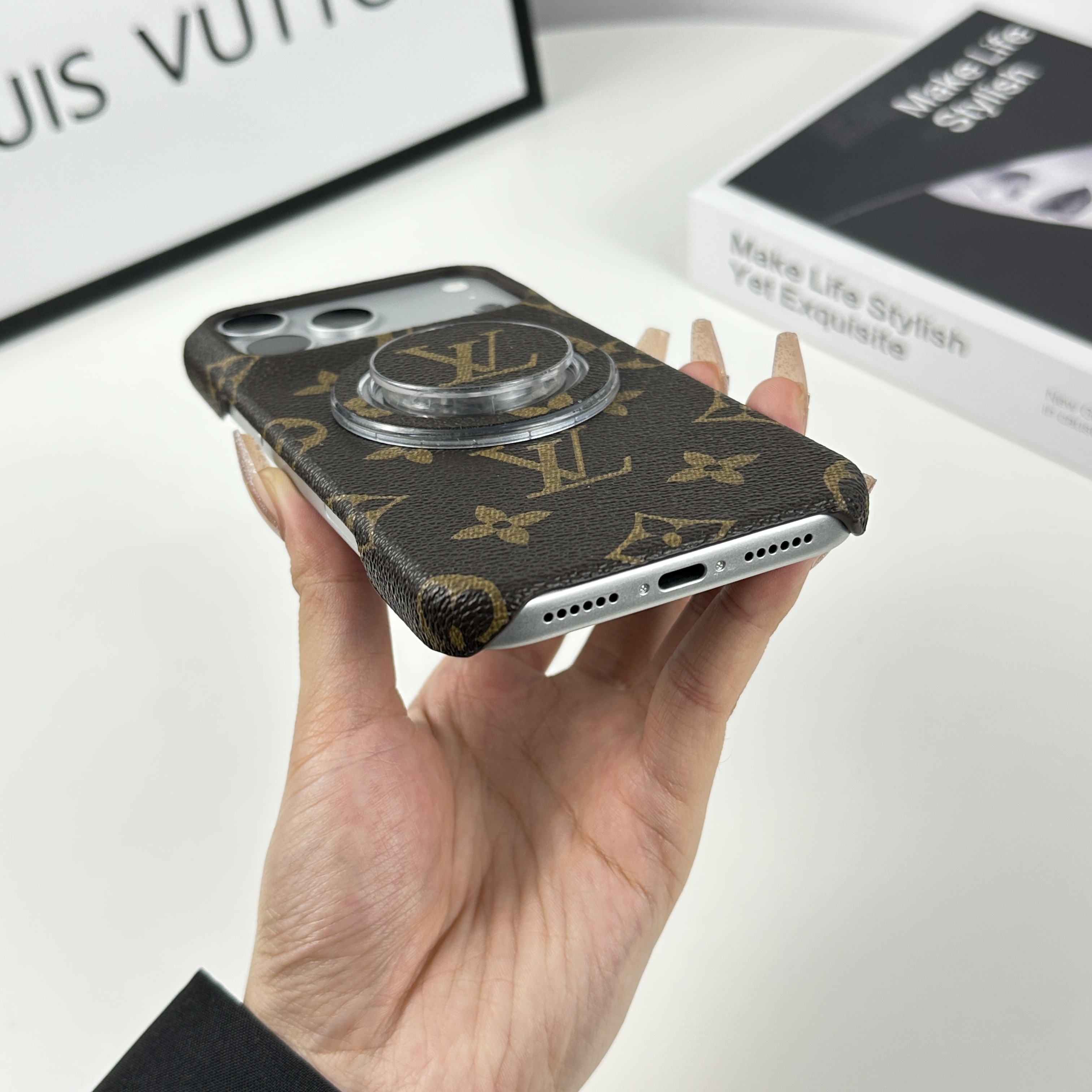 Premium Leather Monogram iPhone Case With Magnetic Stand Big Printing For iPhone 17 Series-GELV080