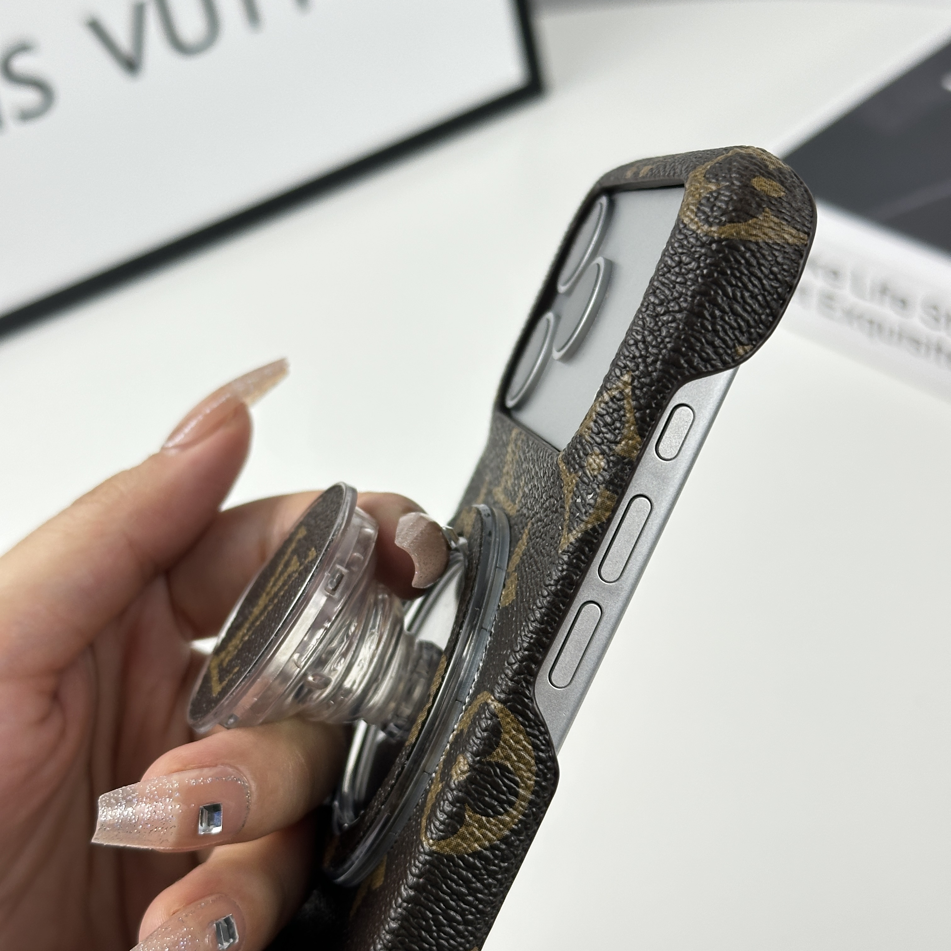 Premium Leather Monogram iPhone Case With Magnetic Stand Big Printing For iPhone 17 Series-GELV080