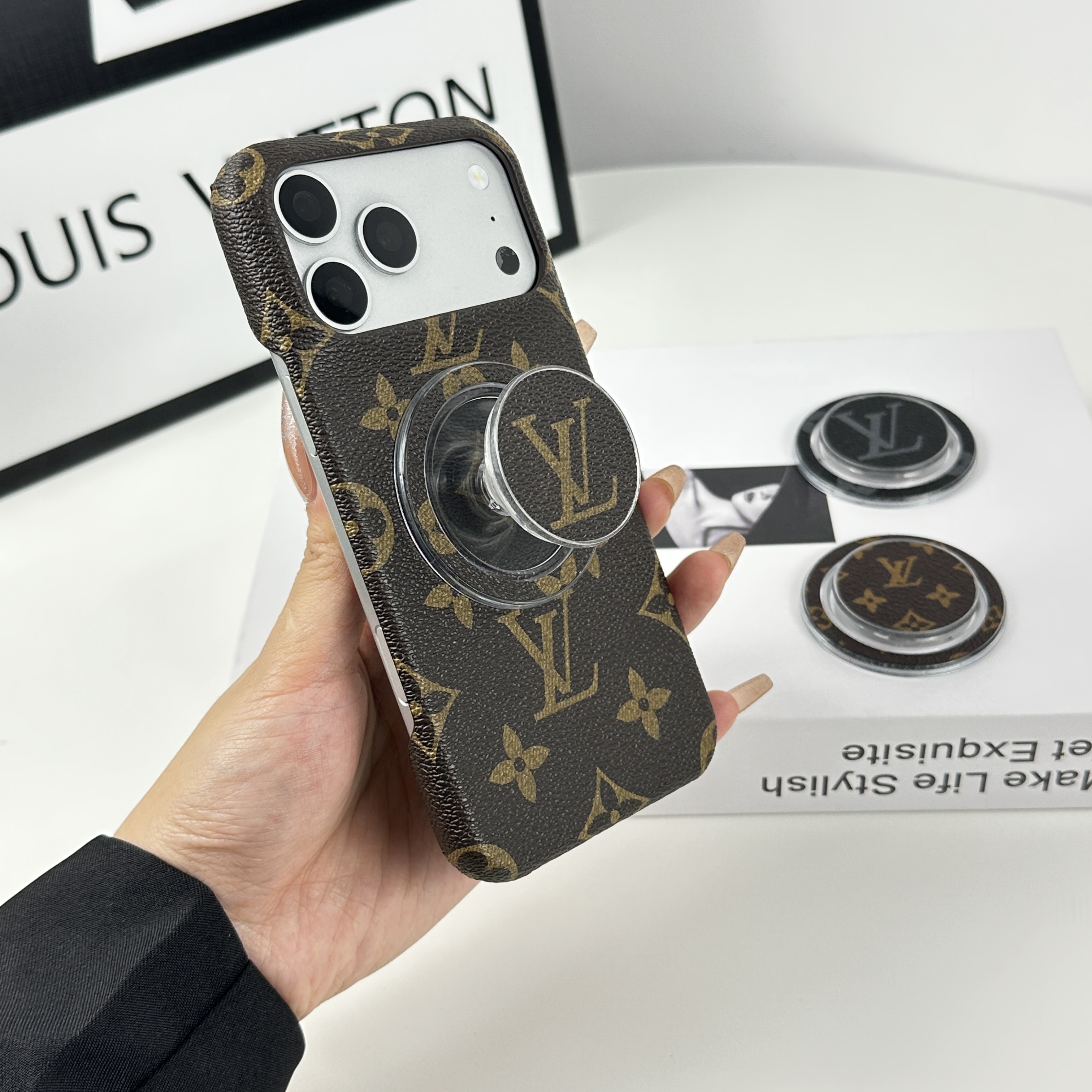 Premium Leather Monogram iPhone Case With Magnetic Stand Big Printing For iPhone 17 Series-GELV080